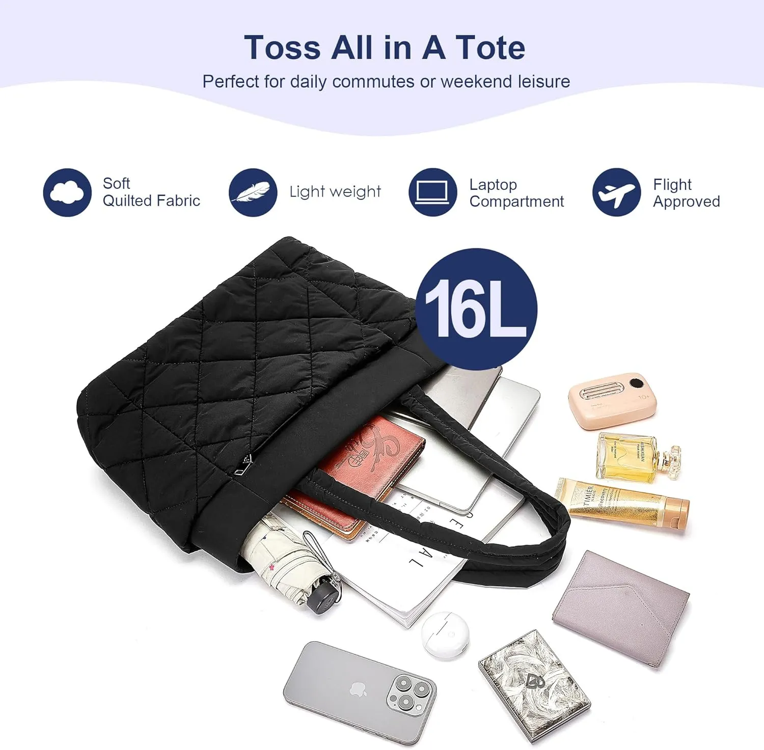 CORALDAISY Puffer Tote Bag for Women Lightweight Tote Bag with Zipper, Large Work Bag Quilted Travel Puffy Shoulder Handbag