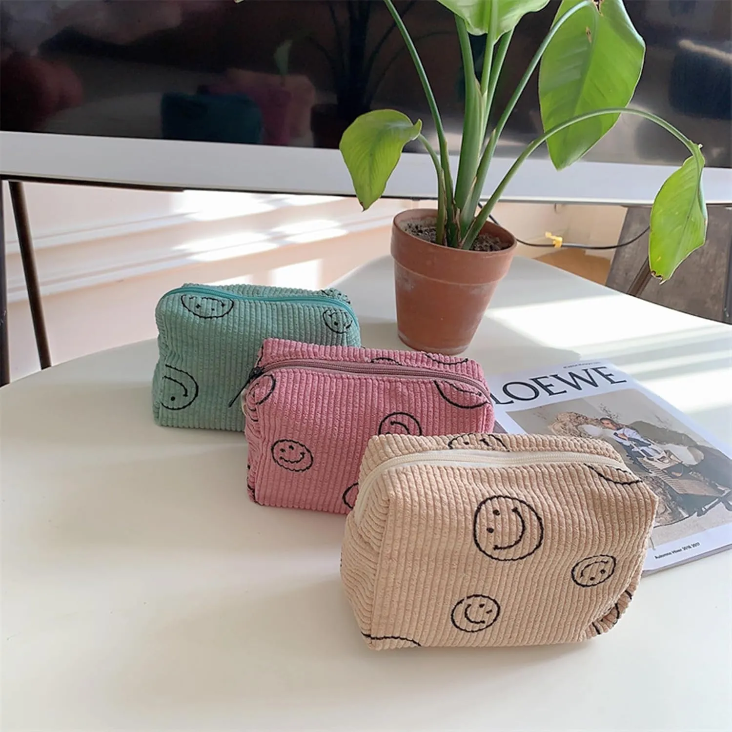 Cosmetic Bags for Women - Corduroy Cosmetic Bag Aesthetic Women Handbags Purses Smile Dots Makeup Organizer Storage Makeup Bag Girls Case Bags (3PCs Pink)