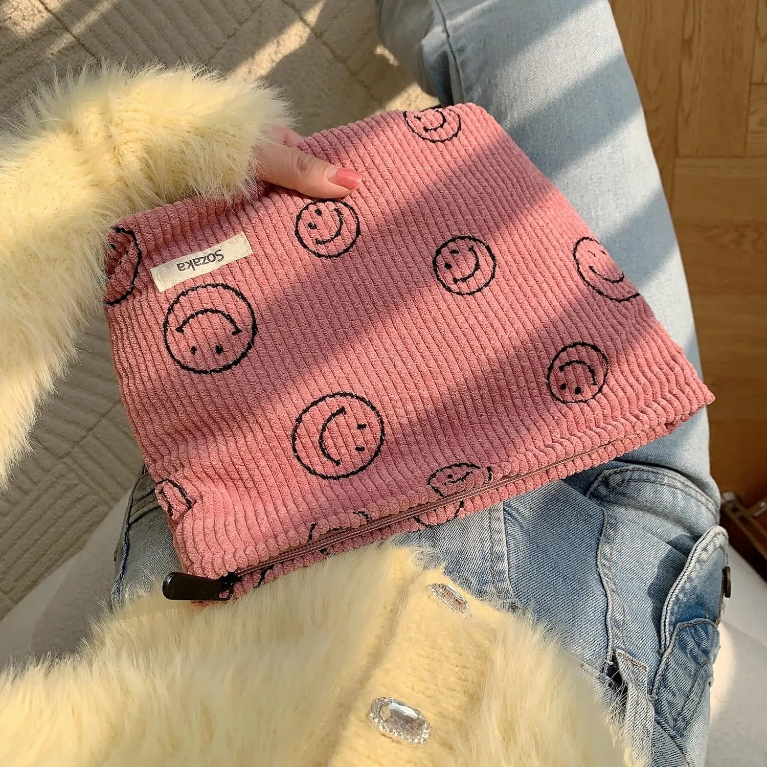 Cosmetic Bags for Women - Corduroy Cosmetic Bag Aesthetic Women Handbags Purses Smile Dots Makeup Organizer Storage Makeup Bag Girls Case Bags (3PCs Pink)