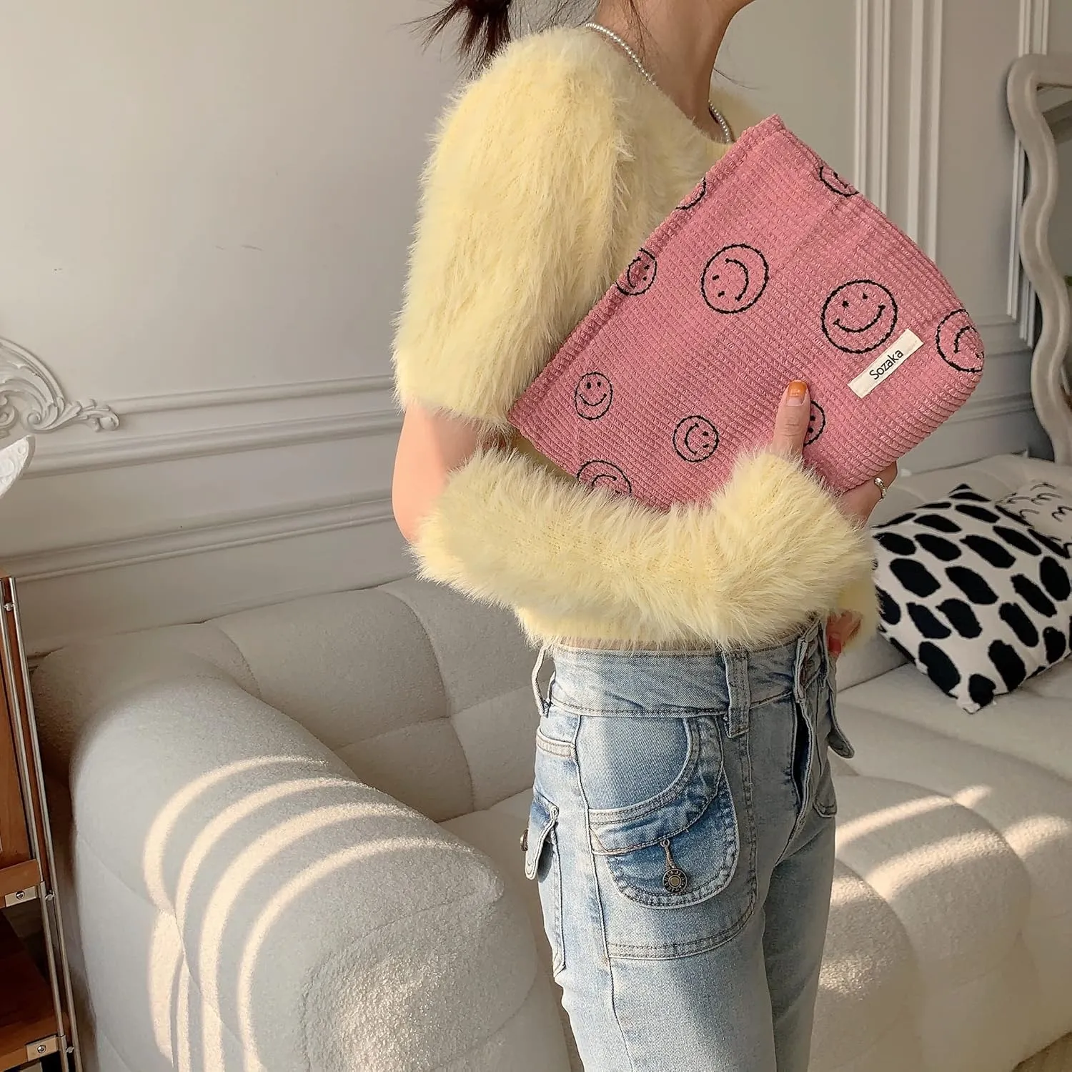 Cosmetic Bags for Women - Corduroy Cosmetic Bag Aesthetic Women Handbags Purses Smile Dots Makeup Organizer Storage Makeup Bag Girls Case Bags (3PCs Pink)