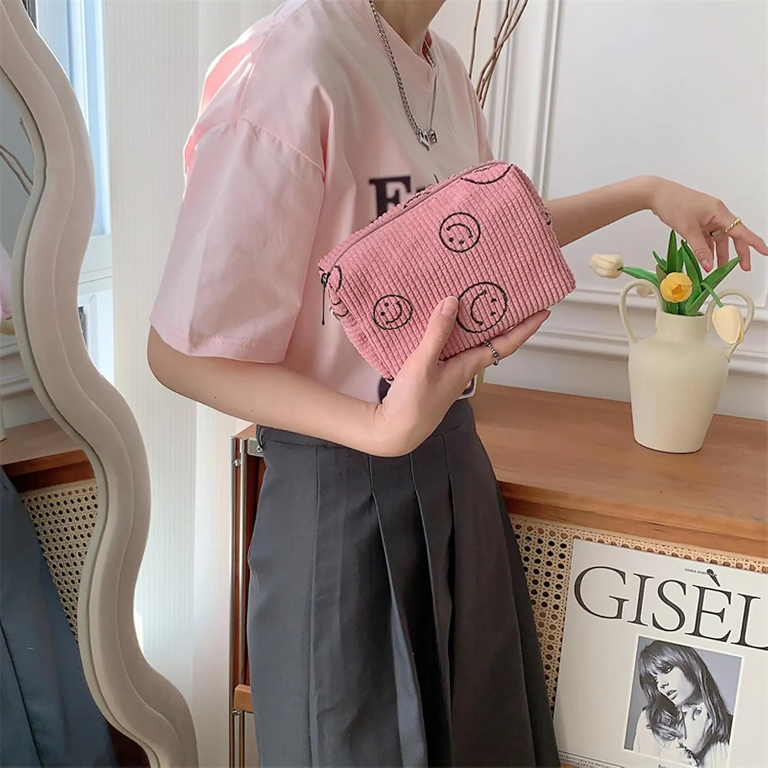 Cosmetic Bags for Women - Corduroy Cosmetic Bag Aesthetic Women Handbags Purses Smile Dots Makeup Organizer Storage Makeup Bag Girls Case Bags (3PCs Pink)