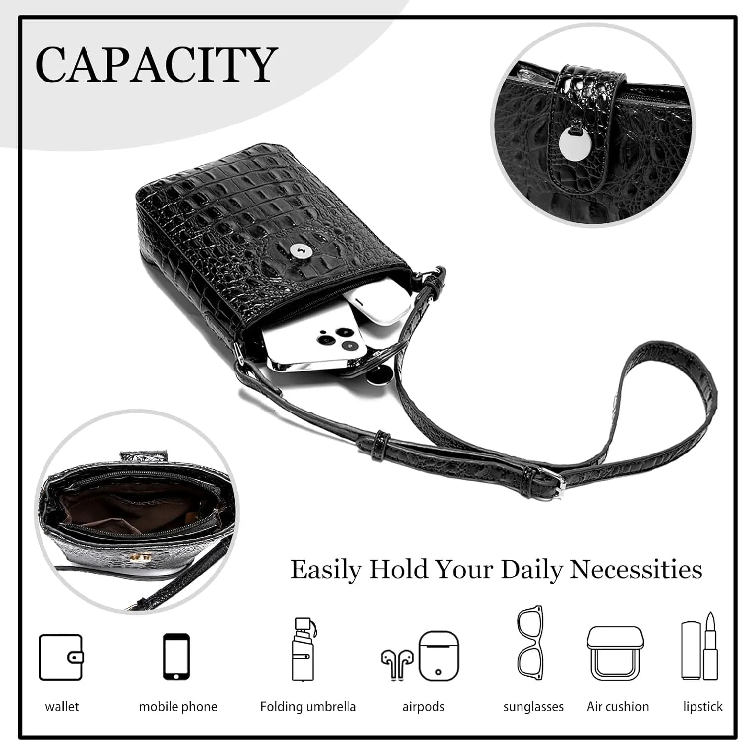 Crocodile Embossed Small Crossbody Bag Fashionable Magnetic Buckle Decoration Shoulder Women's Luxury Wallet