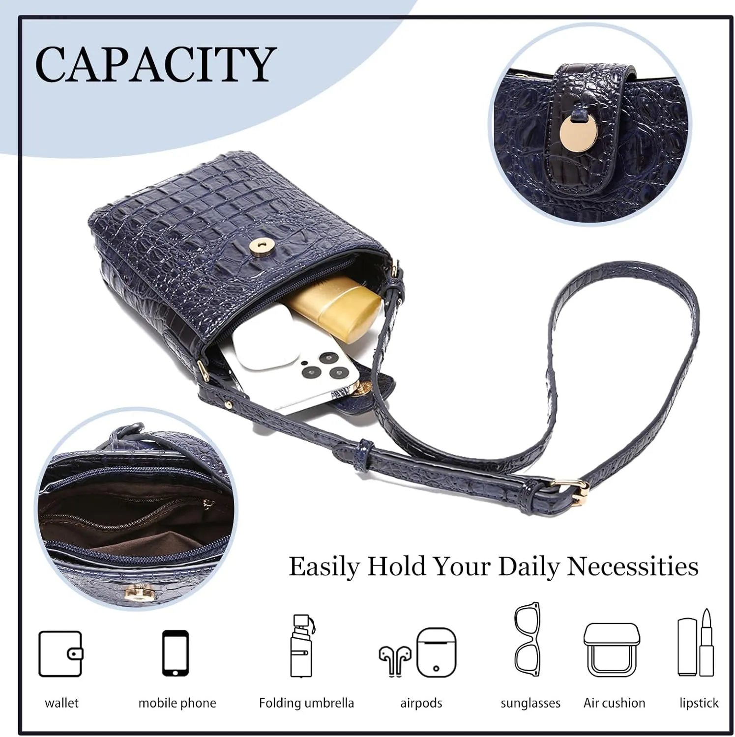 Crocodile Embossed Small Crossbody Bag Fashionable Magnetic Buckle Decoration Shoulder Women's Luxury Wallet