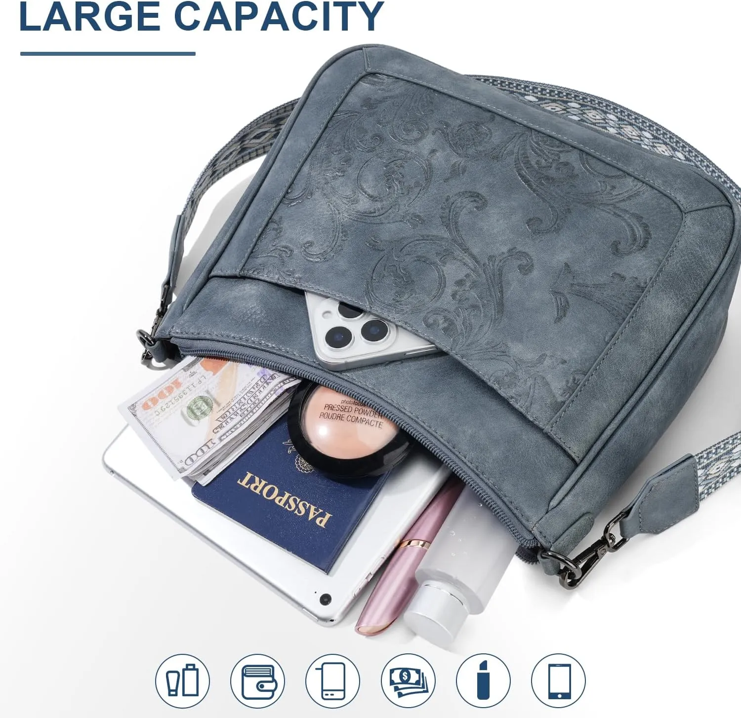 Crossbody Bags for Women,Vegan Leather Crossbody Purse with Adjustable Strap Embossed Flower Women's Shoulder Handbags