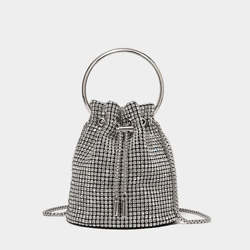 Crystal Embellished Silver Drawstring Crossbody Bucket Bag