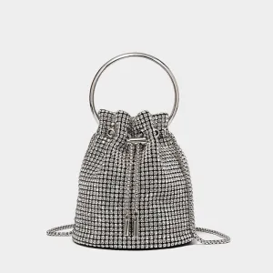 Crystal Embellished Silver Drawstring Crossbody Bucket Bag
