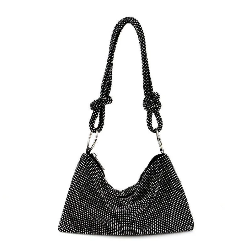 Crystal Knot Trim Shoulder Bag Black