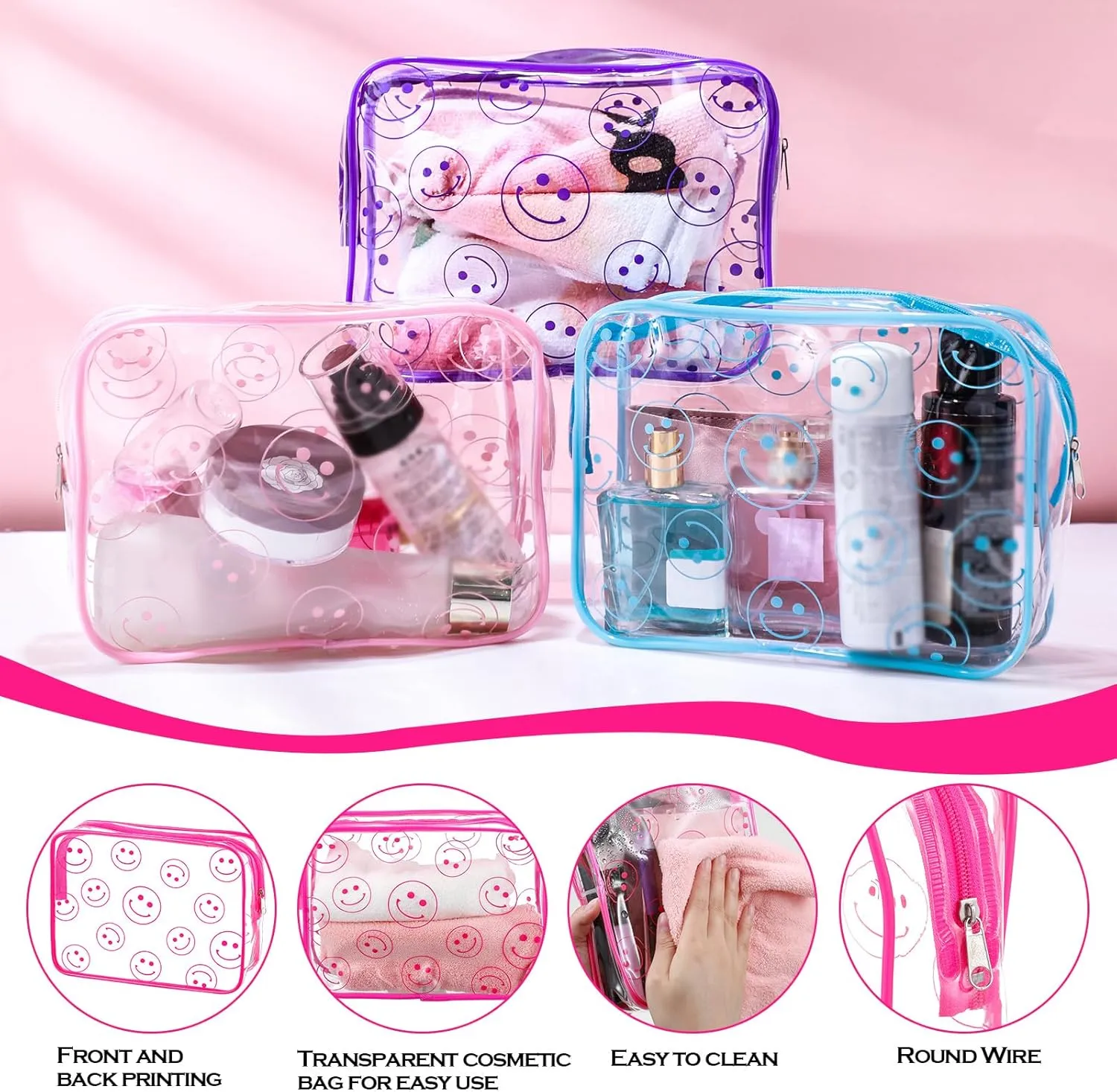 Cunno 6 Pcs Makeup Bags Gifts for Women Preppy Boho Smile Face Flamingo Clear Makeup Bags Cosmetic Transparent PVC Travel Toiletry Organizer(Smile Style)