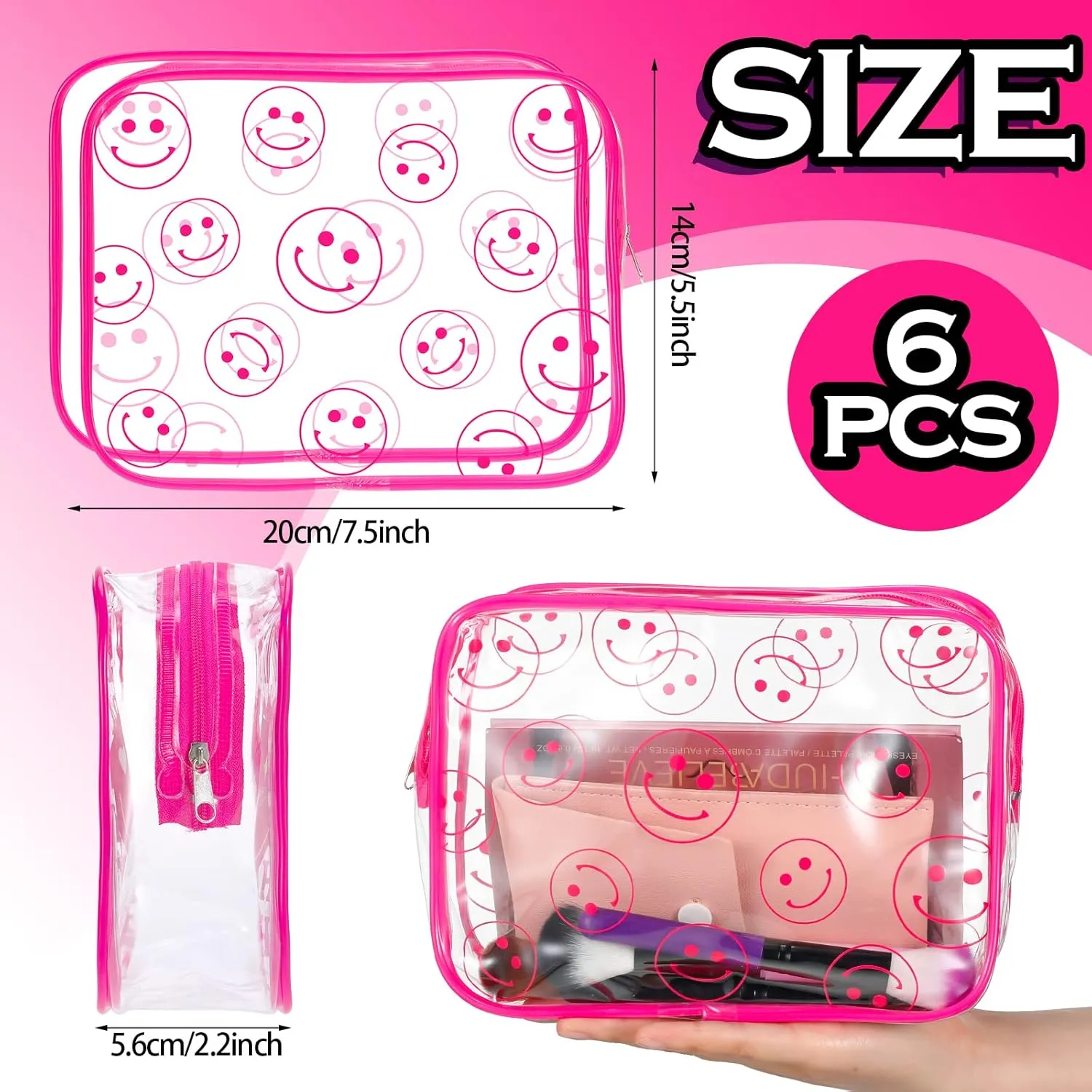 Cunno 6 Pcs Makeup Bags Gifts for Women Preppy Boho Smile Face Flamingo Clear Makeup Bags Cosmetic Transparent PVC Travel Toiletry Organizer(Smile Style)