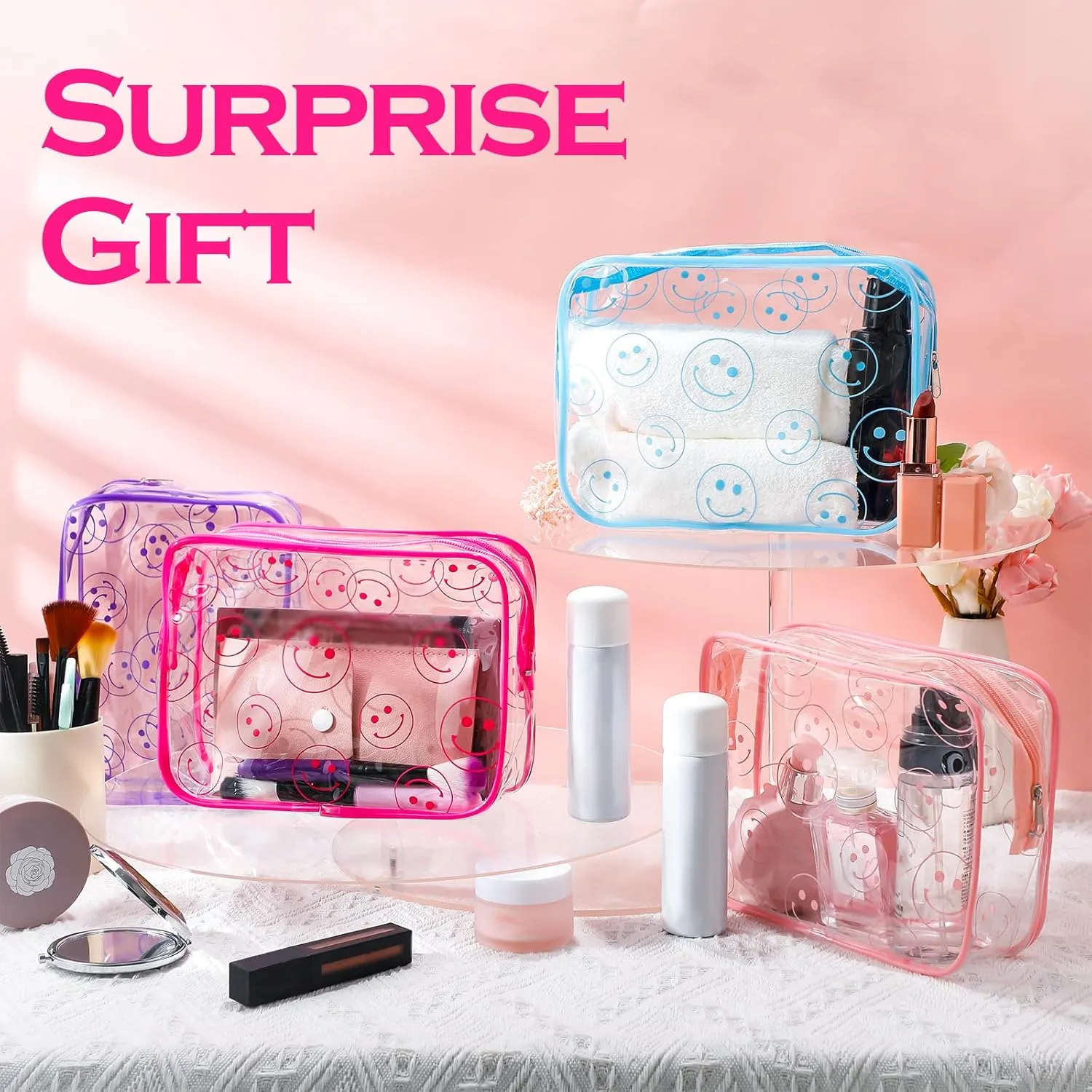 Cunno 6 Pcs Makeup Bags Gifts for Women Preppy Boho Smile Face Flamingo Clear Makeup Bags Cosmetic Transparent PVC Travel Toiletry Organizer(Smile Style)