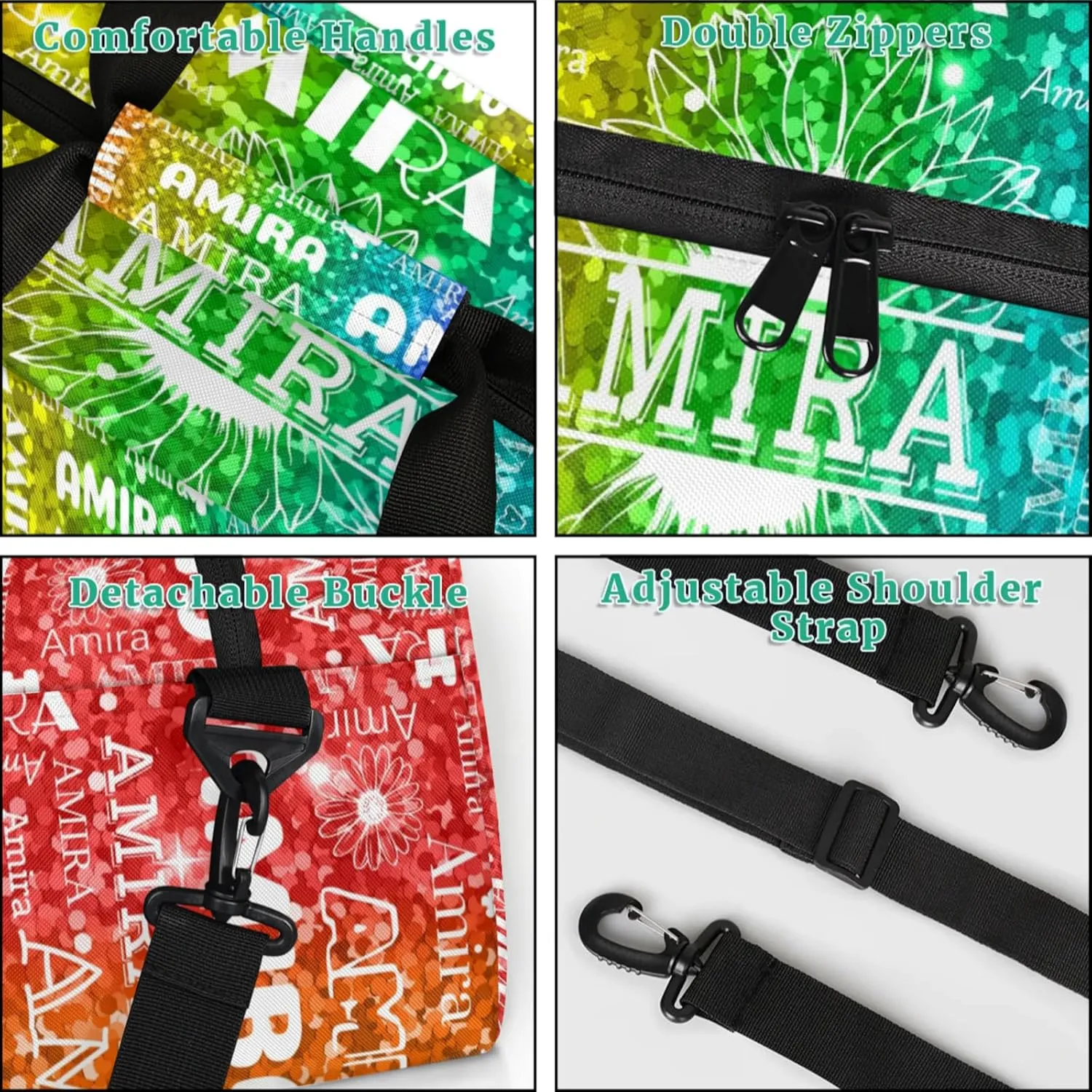 Custom Full Name Dance Gym Bag, Personalized Sunflower Sport Gym Bag Travel Weekender Bags Overnight Duffel Bags, Black Dancers Silhouette, Sparkly Glittering Red Green Colorful