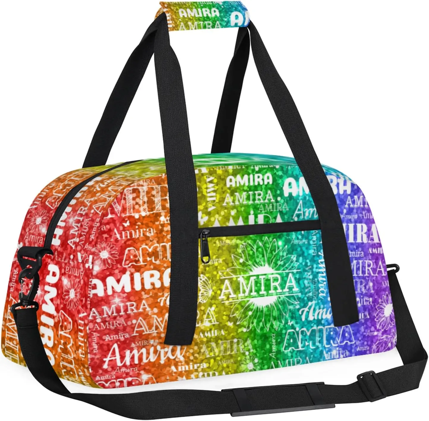 Custom Full Name Dance Gym Bag, Personalized Sunflower Sport Gym Bag Travel Weekender Bags Overnight Duffel Bags, Black Dancers Silhouette, Sparkly Glittering Red Green Colorful