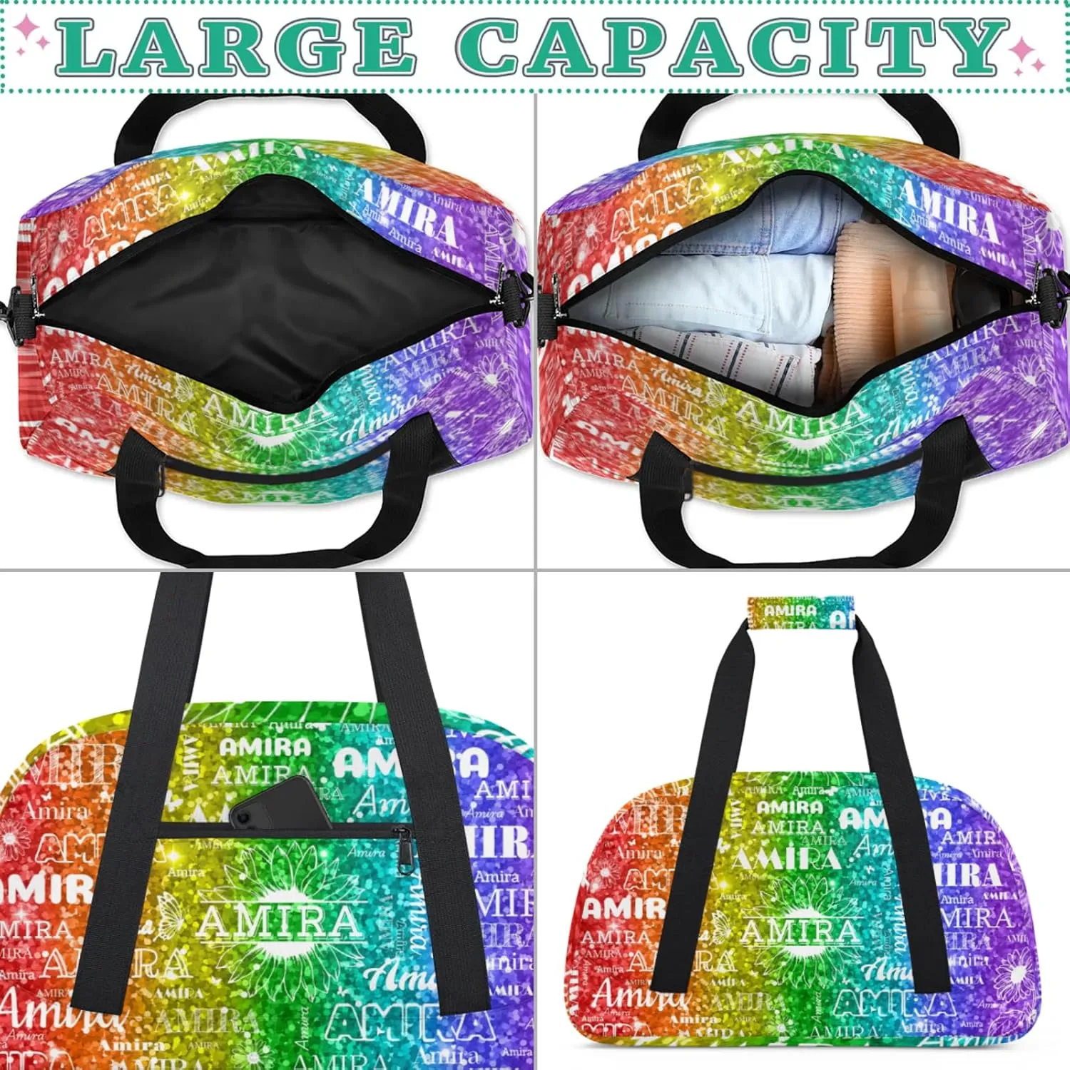 Custom Full Name Dance Gym Bag, Personalized Sunflower Sport Gym Bag Travel Weekender Bags Overnight Duffel Bags, Black Dancers Silhouette, Sparkly Glittering Red Green Colorful