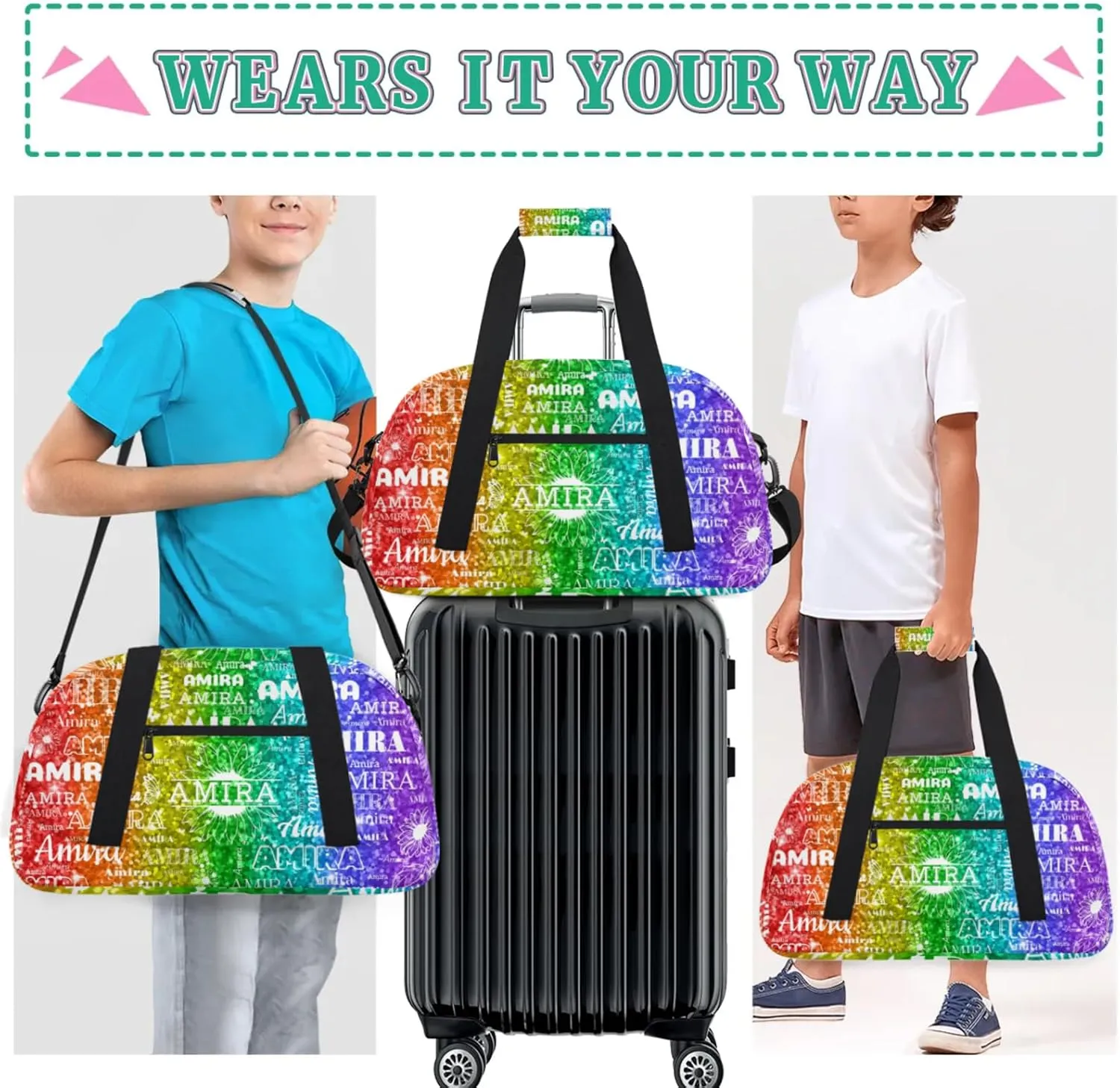 Custom Full Name Dance Gym Bag, Personalized Sunflower Sport Gym Bag Travel Weekender Bags Overnight Duffel Bags, Black Dancers Silhouette, Sparkly Glittering Red Green Colorful