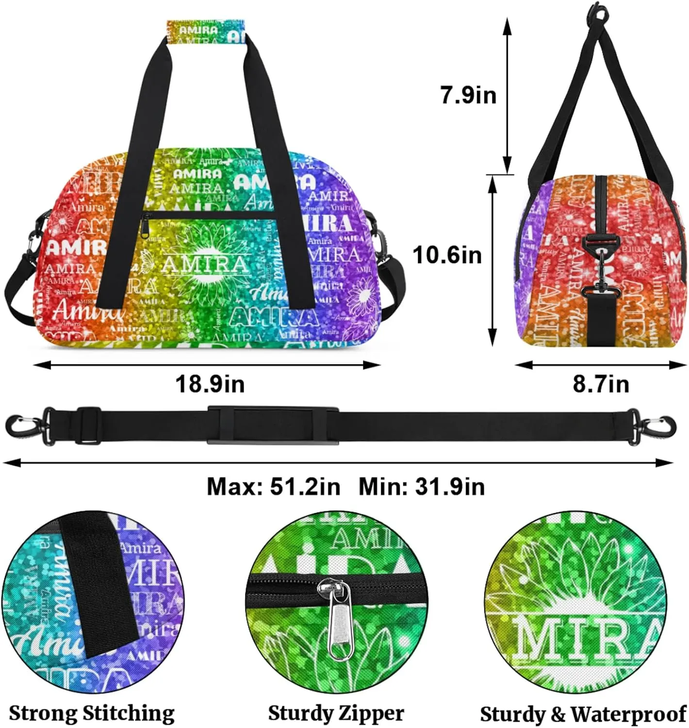 Custom Full Name Dance Gym Bag, Personalized Sunflower Sport Gym Bag Travel Weekender Bags Overnight Duffel Bags, Black Dancers Silhouette, Sparkly Glittering Red Green Colorful