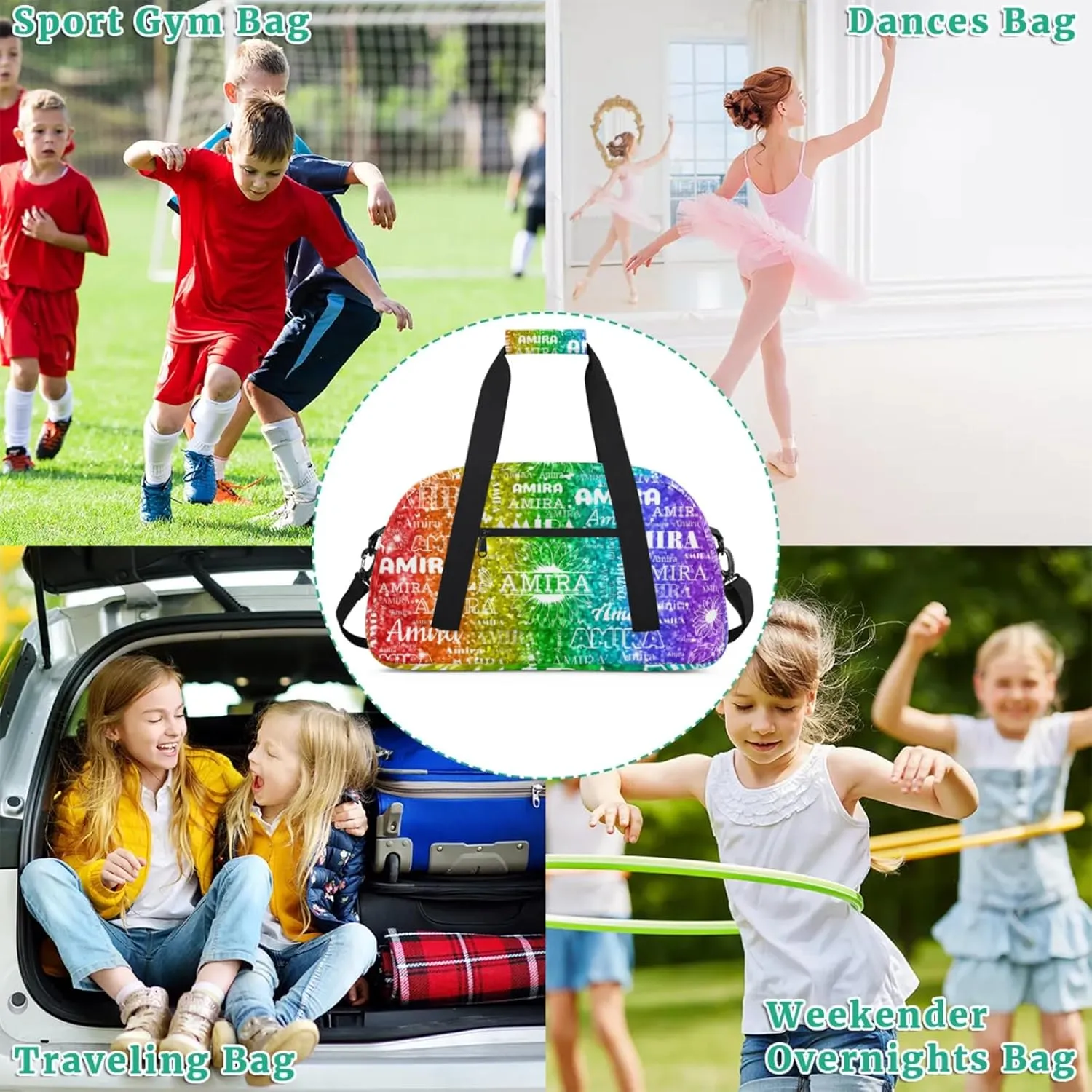 Custom Full Name Dance Gym Bag, Personalized Sunflower Sport Gym Bag Travel Weekender Bags Overnight Duffel Bags, Black Dancers Silhouette, Sparkly Glittering Red Green Colorful