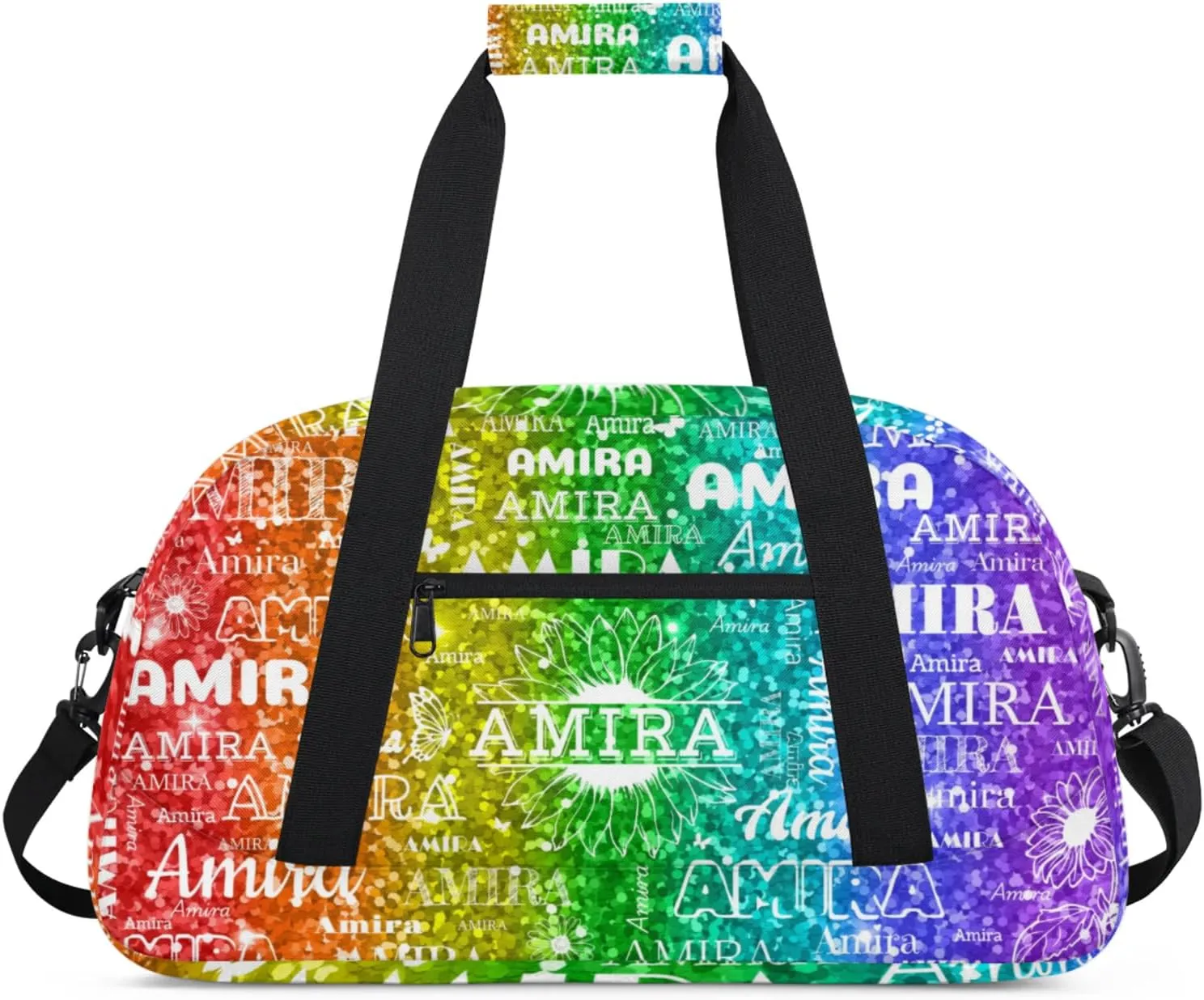 Custom Full Name Dance Gym Bag, Personalized Sunflower Sport Gym Bag Travel Weekender Bags Overnight Duffel Bags, Black Dancers Silhouette, Sparkly Glittering Red Green Colorful