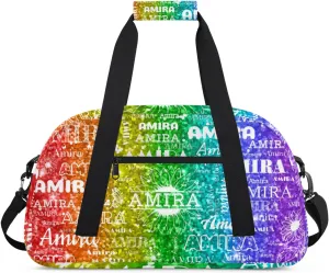 Custom Full Name Dance Gym Bag, Personalized Sunflower Sport Gym Bag Travel Weekender Bags Overnight Duffel Bags, Black Dancers Silhouette, Sparkly Glittering Red Green Colorful