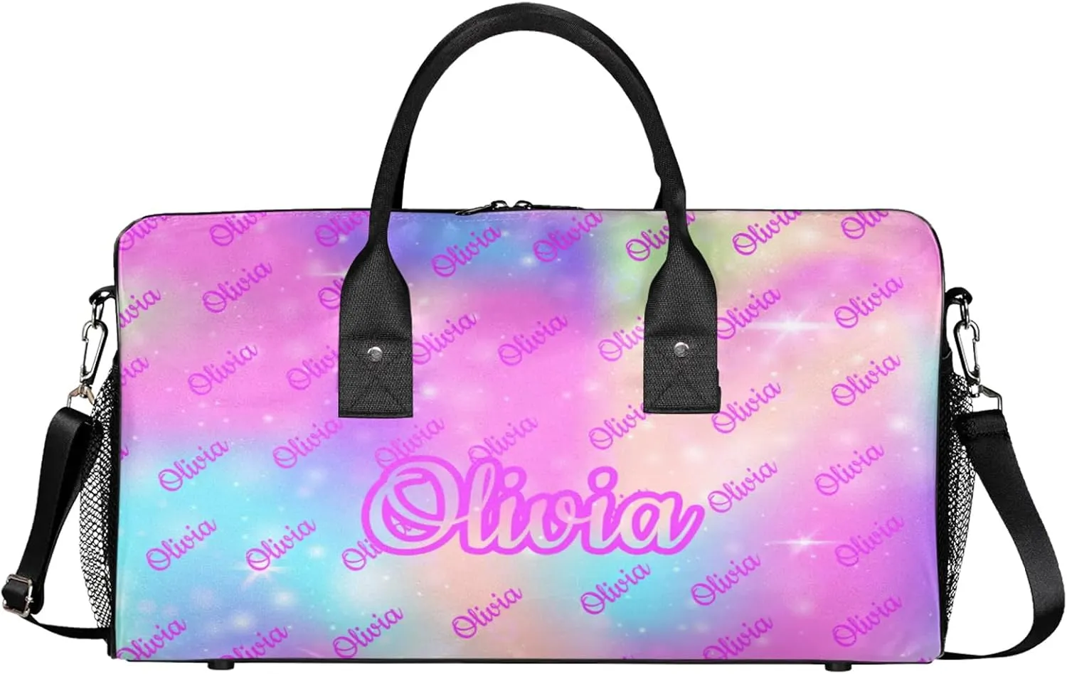 Custom Sport Duffel Bags Personalized Travel Overnight Bag Waterproof Customized Dance Bag Lightweight Carry-On Tote for Women Men 17.4in, Rainbow Sparkly