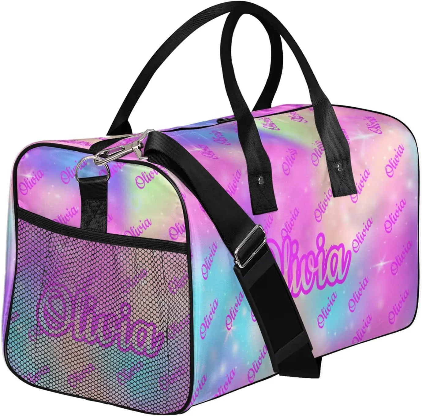 Custom Sport Duffel Bags Personalized Travel Overnight Bag Waterproof Customized Dance Bag Lightweight Carry-On Tote for Women Men 17.4in, Rainbow Sparkly