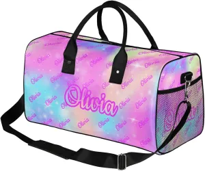 Custom Sport Duffel Bags Personalized Travel Overnight Bag Waterproof Customized Dance Bag Lightweight Carry-On Tote for Women Men 17.4in, Rainbow Sparkly