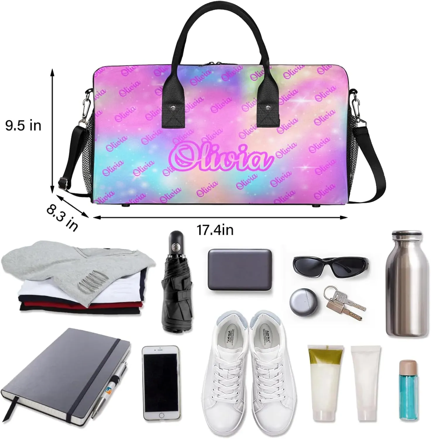Custom Sport Duffel Bags Personalized Travel Overnight Bag Waterproof Customized Dance Bag Lightweight Carry-On Tote for Women Men 17.4in, Rainbow Sparkly