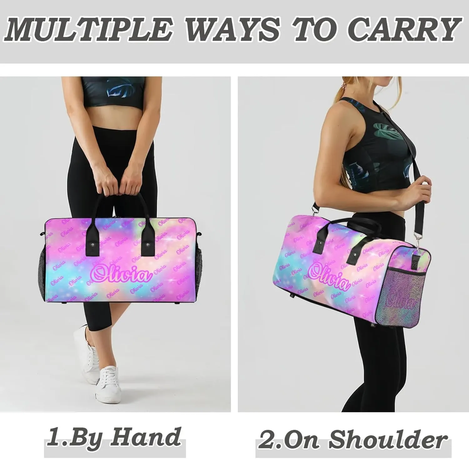 Custom Sport Duffel Bags Personalized Travel Overnight Bag Waterproof Customized Dance Bag Lightweight Carry-On Tote for Women Men 17.4in, Rainbow Sparkly