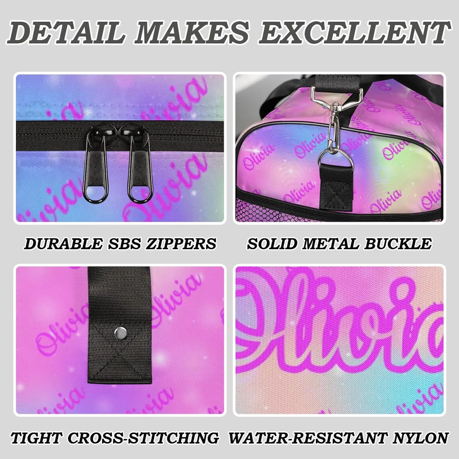 Custom Sport Duffel Bags Personalized Travel Overnight Bag Waterproof Customized Dance Bag Lightweight Carry-On Tote for Women Men 17.4in, Rainbow Sparkly