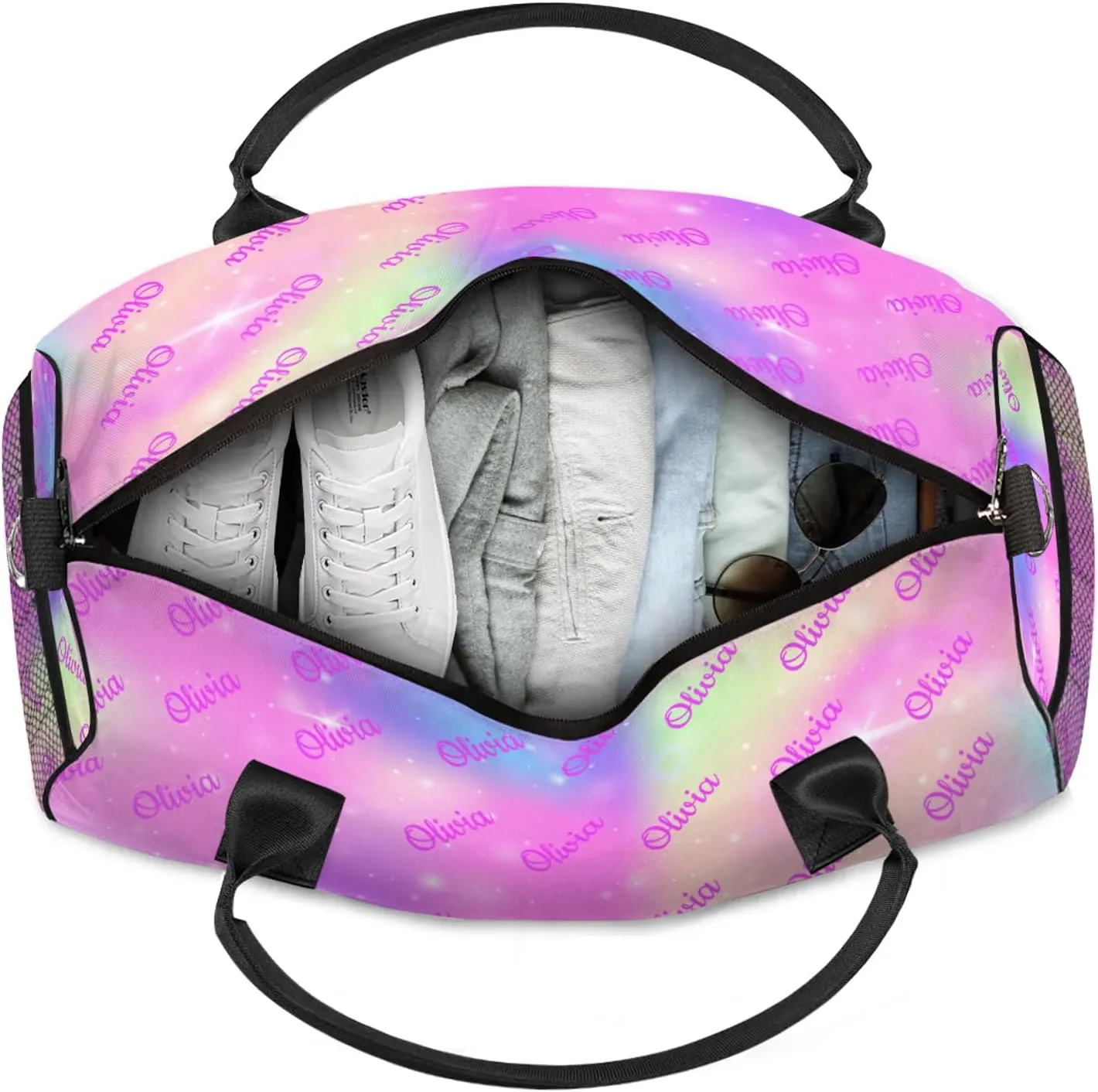 Custom Sport Duffel Bags Personalized Travel Overnight Bag Waterproof Customized Dance Bag Lightweight Carry-On Tote for Women Men 17.4in, Rainbow Sparkly