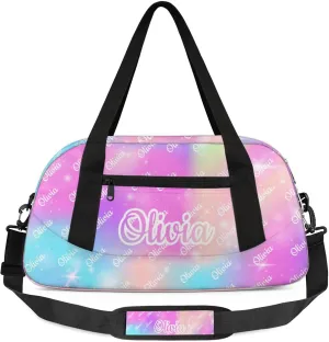 Custom Sport Duffel Bags Personalized Travel Overnight Bag Waterproof Dance Bag Lightweight Carry-On Tote for Women Men 18.5in, Rainbow Sparkly