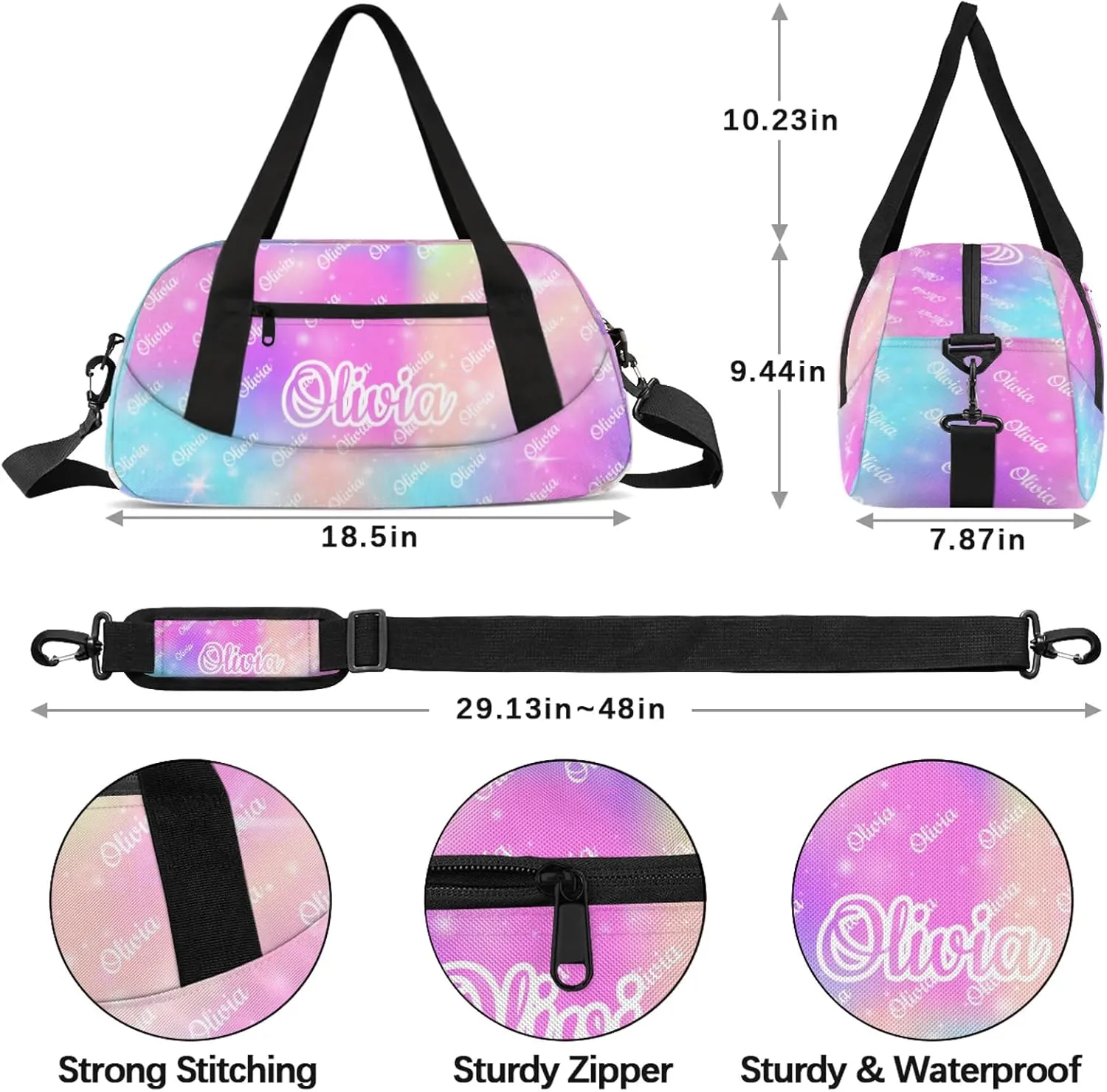 Custom Sport Duffel Bags Personalized Travel Overnight Bag Waterproof Dance Bag Lightweight Carry-On Tote for Women Men 18.5in, Rainbow Sparkly