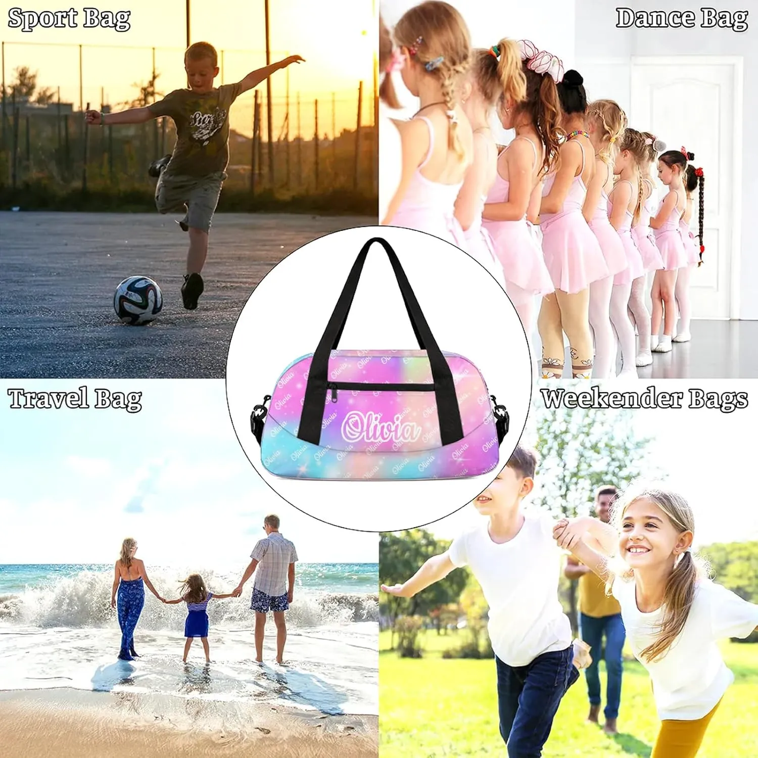 Custom Sport Duffel Bags Personalized Travel Overnight Bag Waterproof Dance Bag Lightweight Carry-On Tote for Women Men 18.5in, Rainbow Sparkly