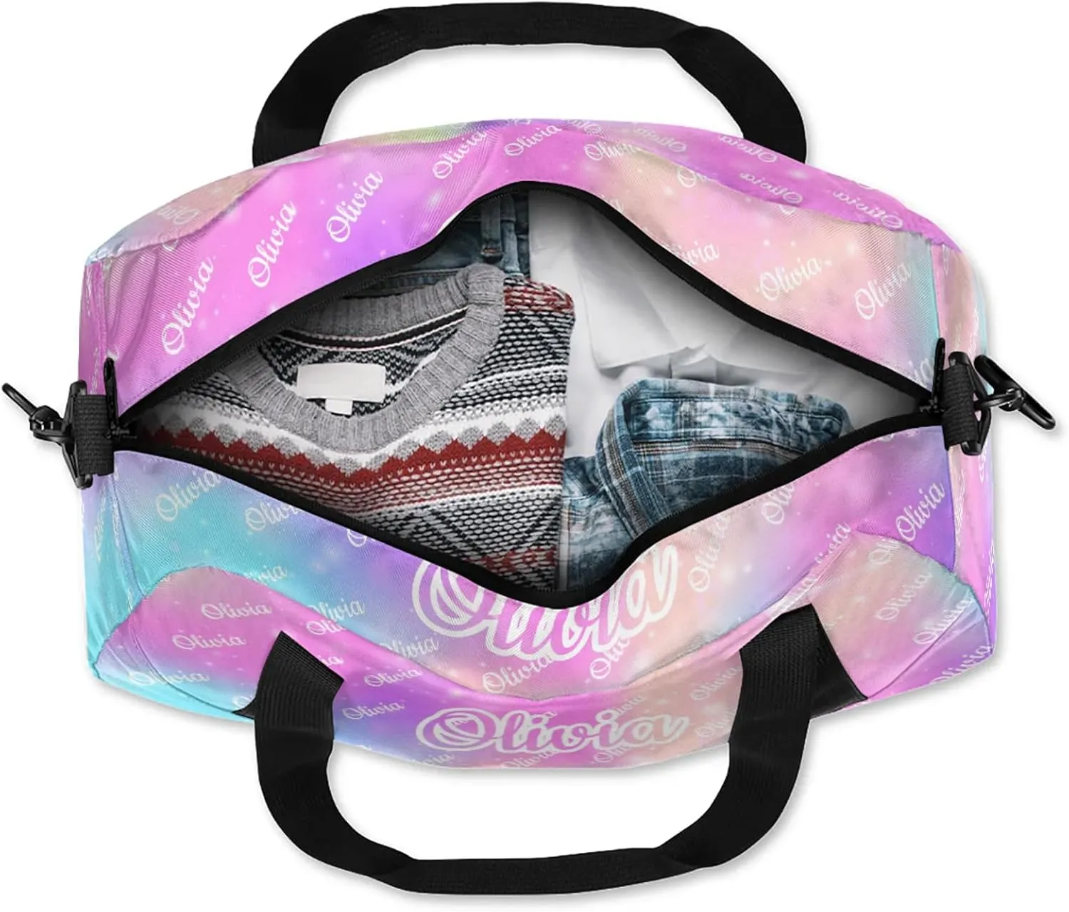 Custom Sport Duffel Bags Personalized Travel Overnight Bag Waterproof Dance Bag Lightweight Carry-On Tote for Women Men 18.5in, Rainbow Sparkly