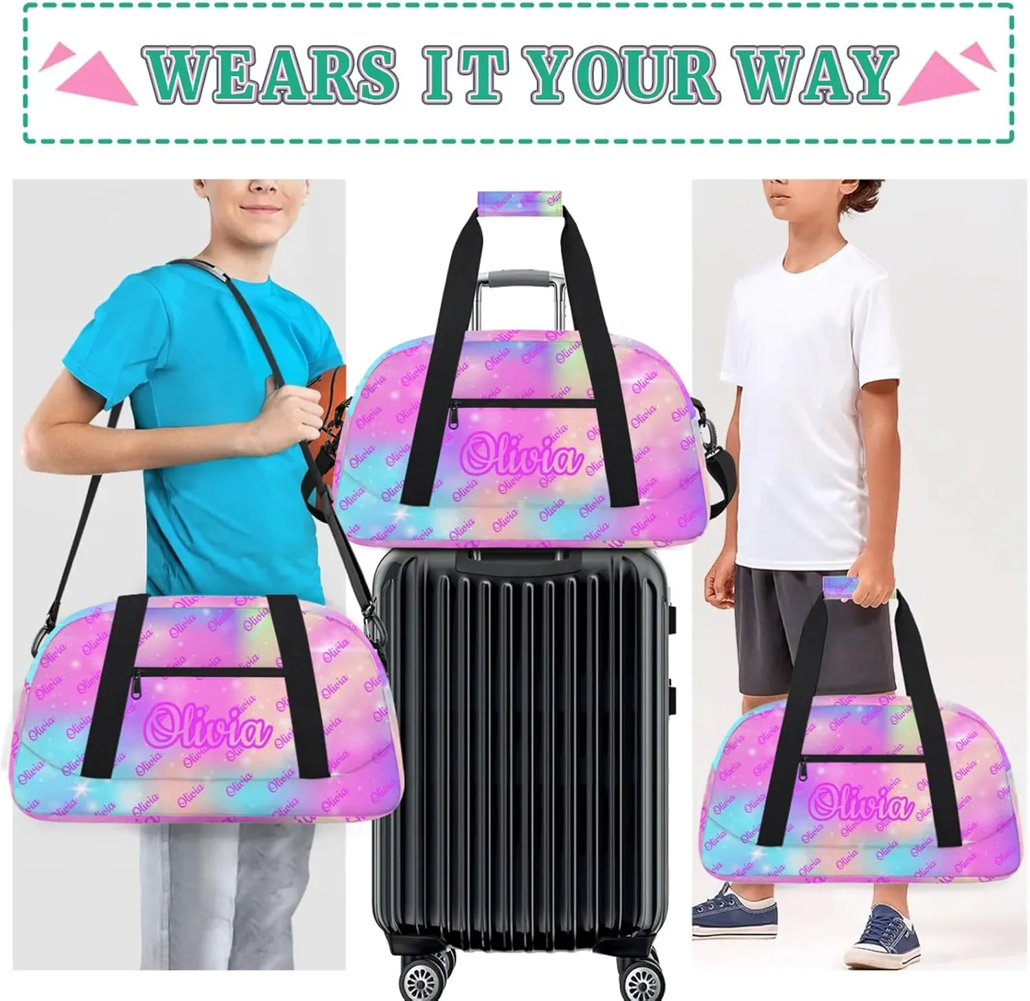 Custom Sport Duffel Bags Personalized Travel Overnight Bag Waterproof Dance Bag Lightweight Carry-On Tote for Women Men 18.9in, Rainbow Sparkly