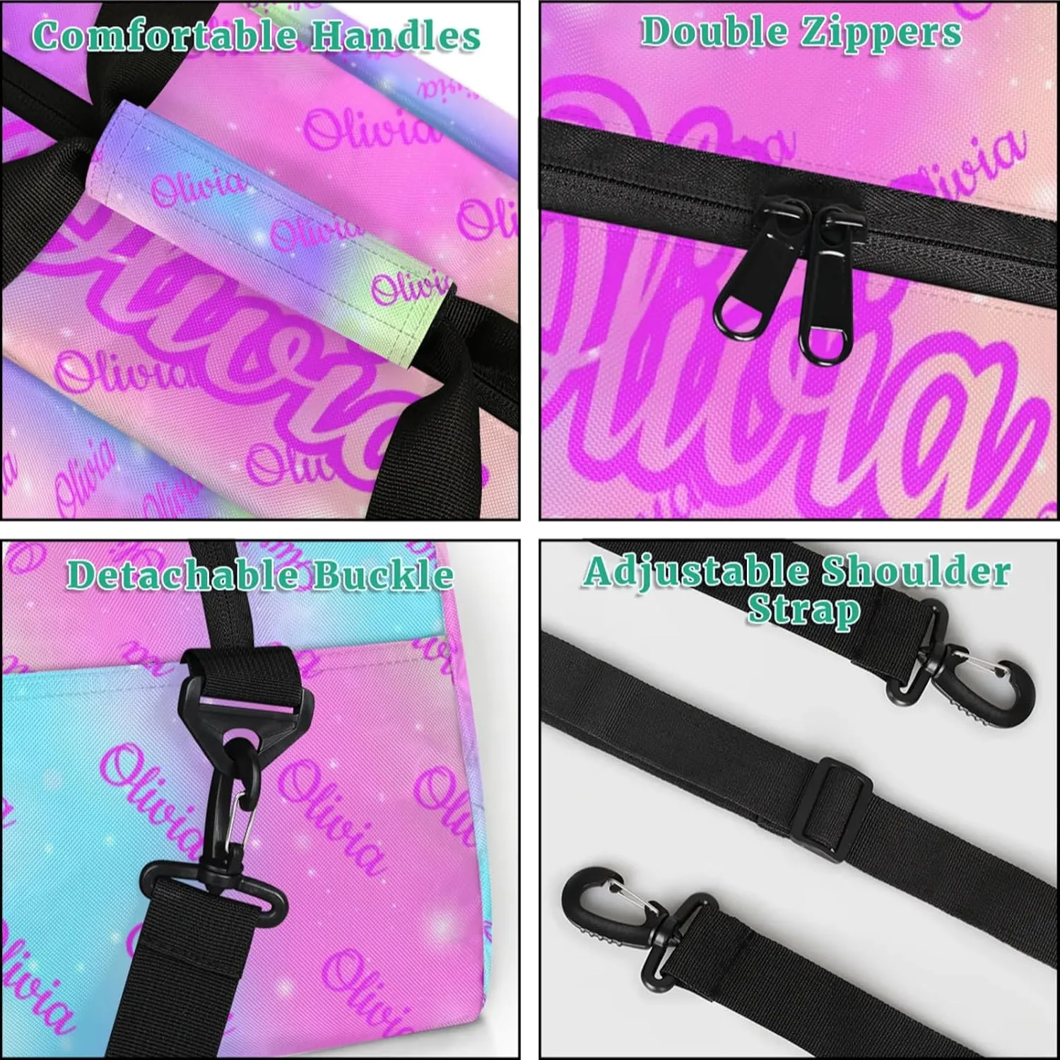 Custom Sport Duffel Bags Personalized Travel Overnight Bag Waterproof Dance Bag Lightweight Carry-On Tote for Women Men 18.9in, Rainbow Sparkly