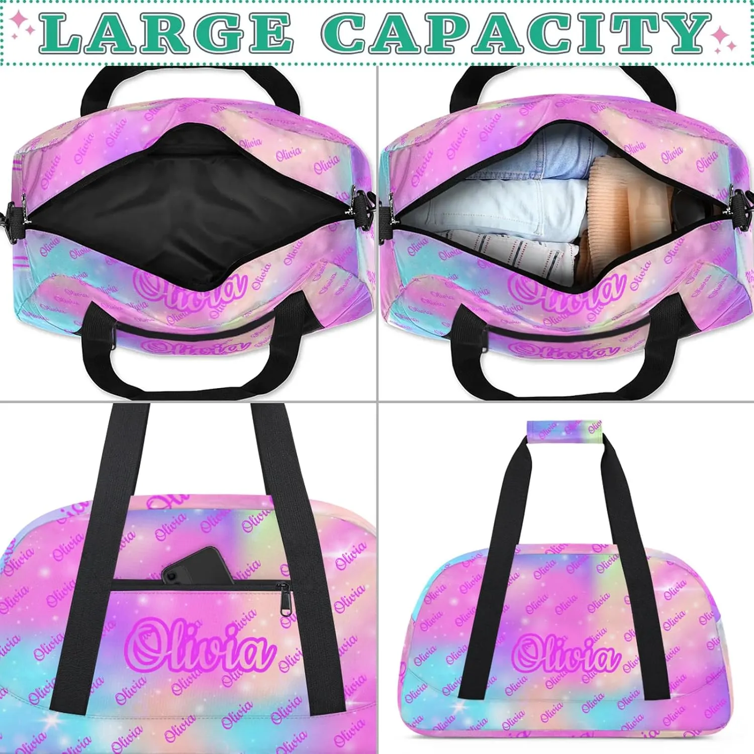 Custom Sport Duffel Bags Personalized Travel Overnight Bag Waterproof Dance Bag Lightweight Carry-On Tote for Women Men 18.9in, Rainbow Sparkly