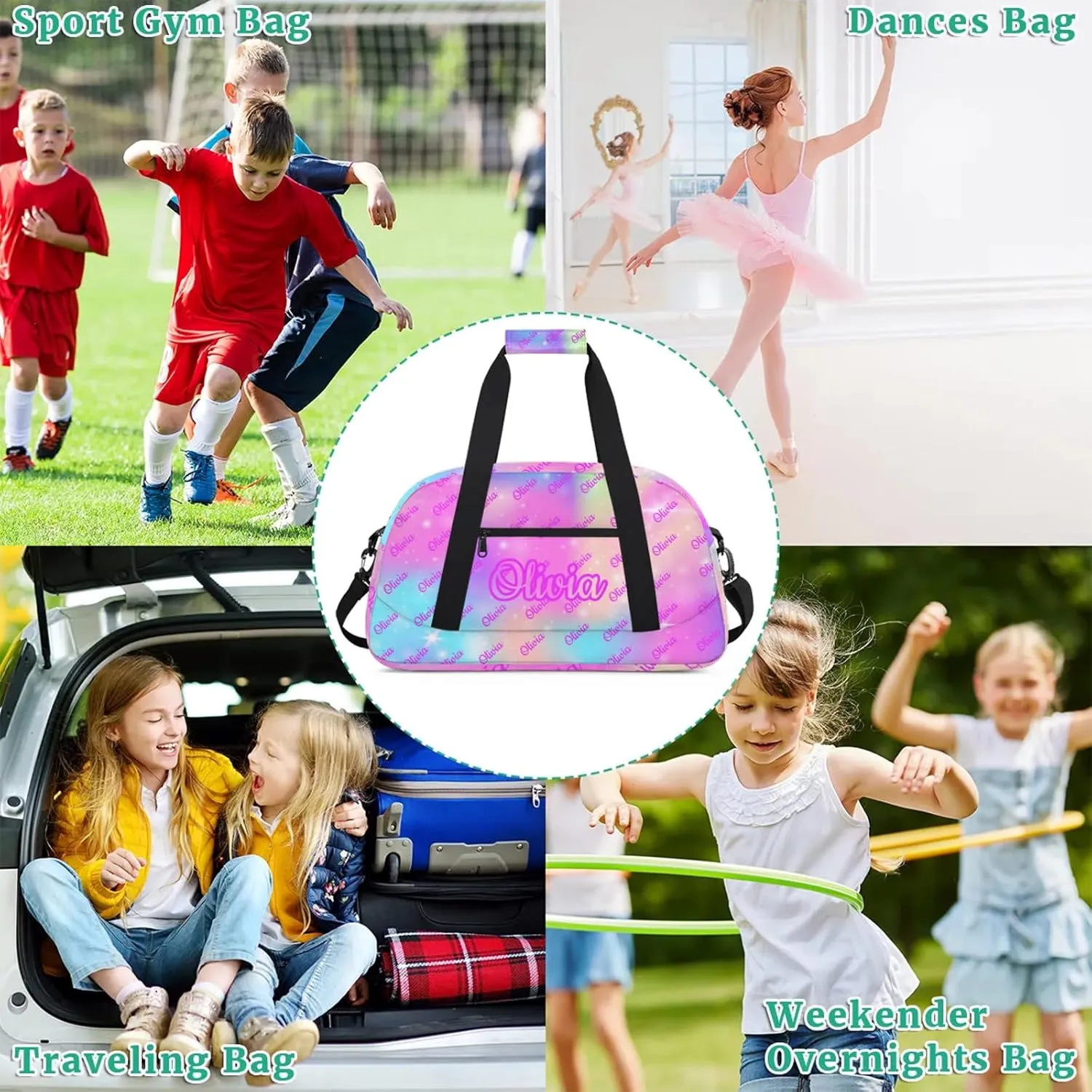 Custom Sport Duffel Bags Personalized Travel Overnight Bag Waterproof Dance Bag Lightweight Carry-On Tote for Women Men 18.9in, Rainbow Sparkly