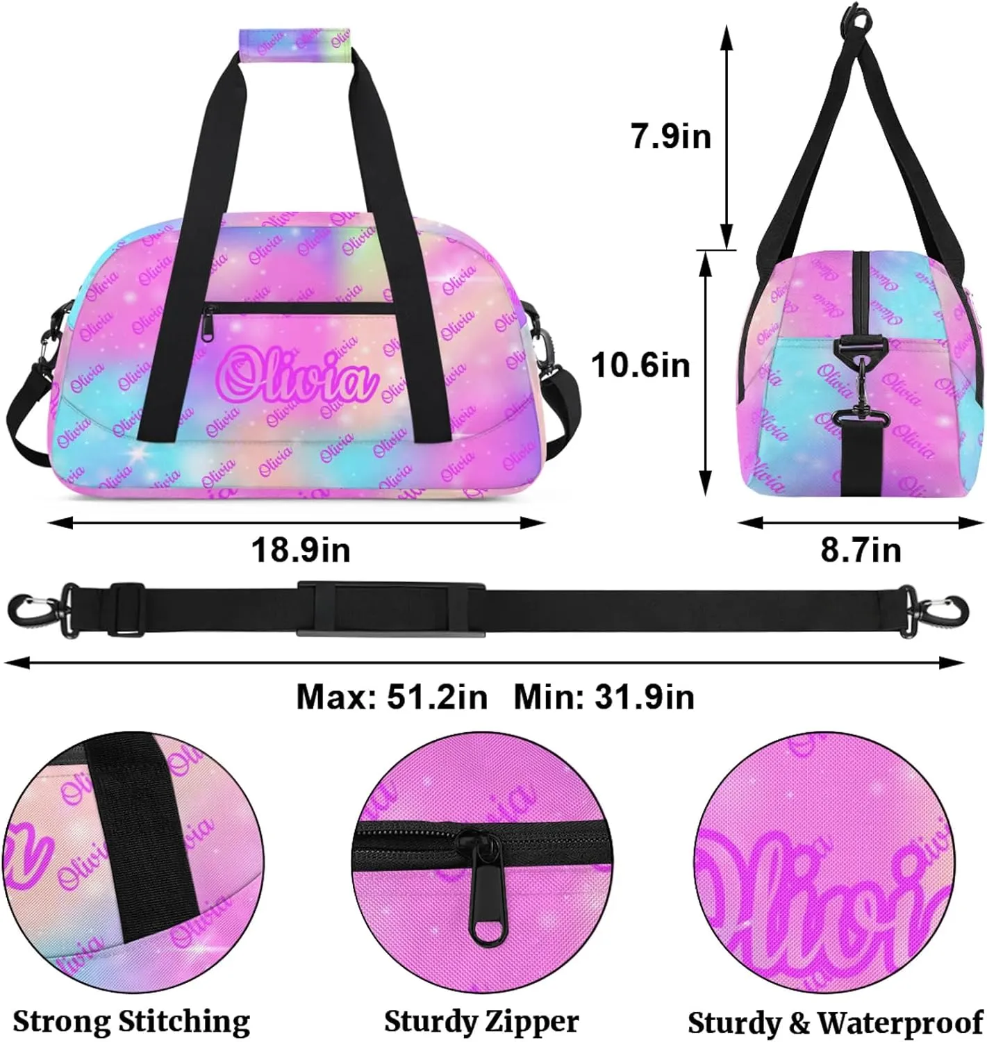 Custom Sport Duffel Bags Personalized Travel Overnight Bag Waterproof Dance Bag Lightweight Carry-On Tote for Women Men 18.9in, Rainbow Sparkly