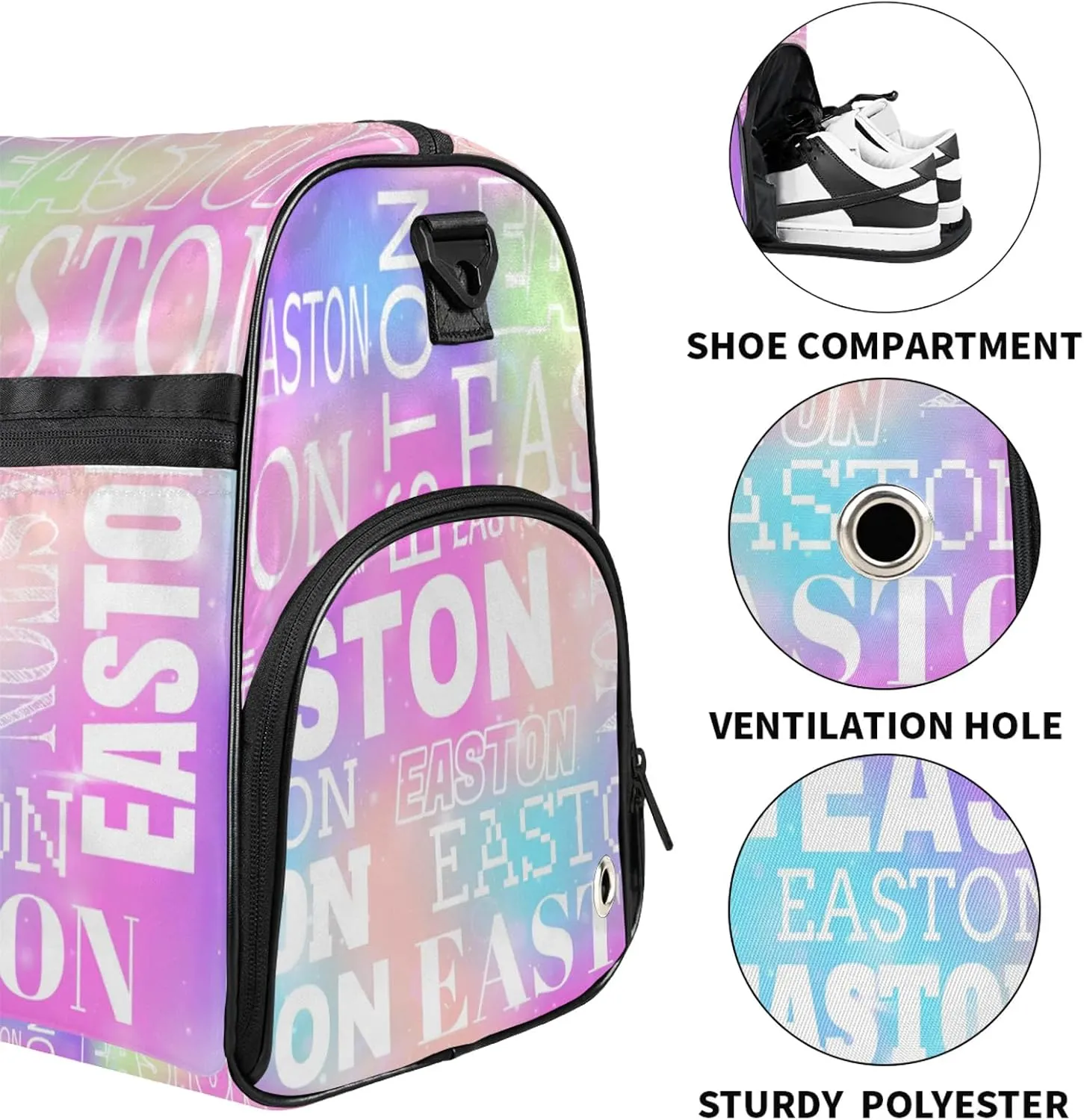 Custom Sport Gym Duffel Bag with Shoe Compartment Personalized Name Travel Overnight Bag Waterproof Customized Dance Bag Carry-On Tote, Rainbow Sparkly