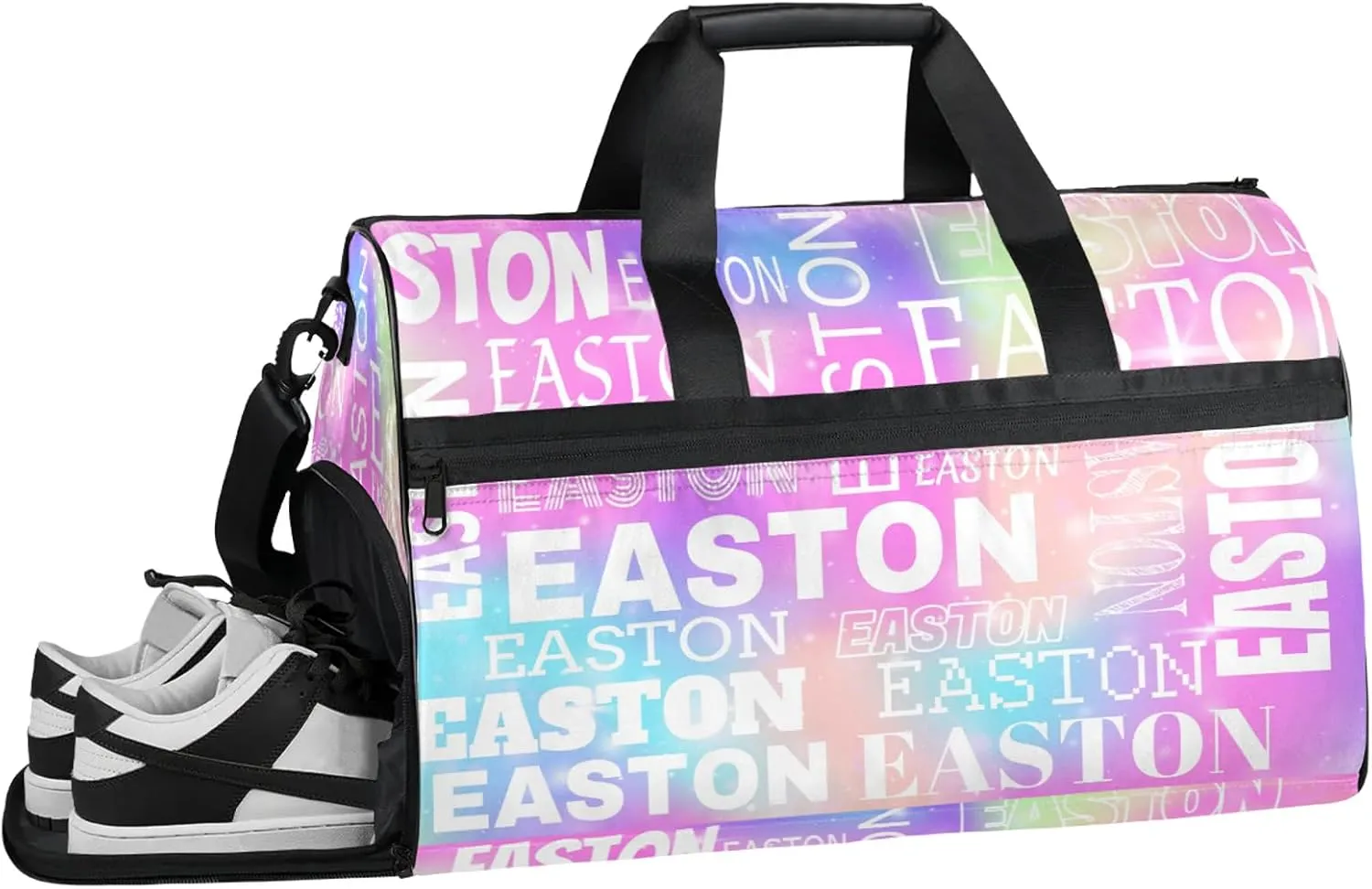 Custom Sport Gym Duffel Bag with Shoe Compartment Personalized Name Travel Overnight Bag Waterproof Customized Dance Bag Carry-On Tote, Rainbow Sparkly