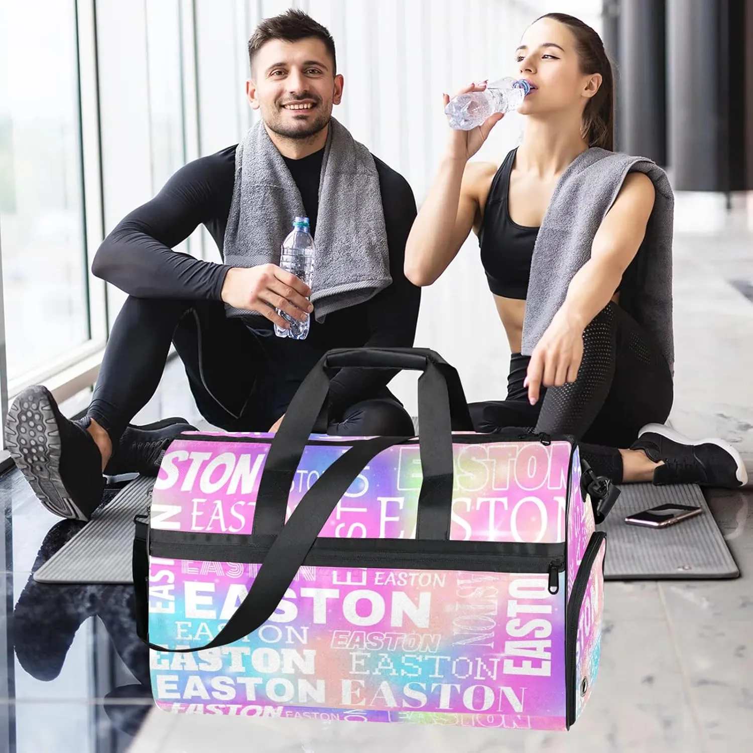 Custom Sport Gym Duffel Bag with Shoe Compartment Personalized Name Travel Overnight Bag Waterproof Customized Dance Bag Carry-On Tote, Rainbow Sparkly