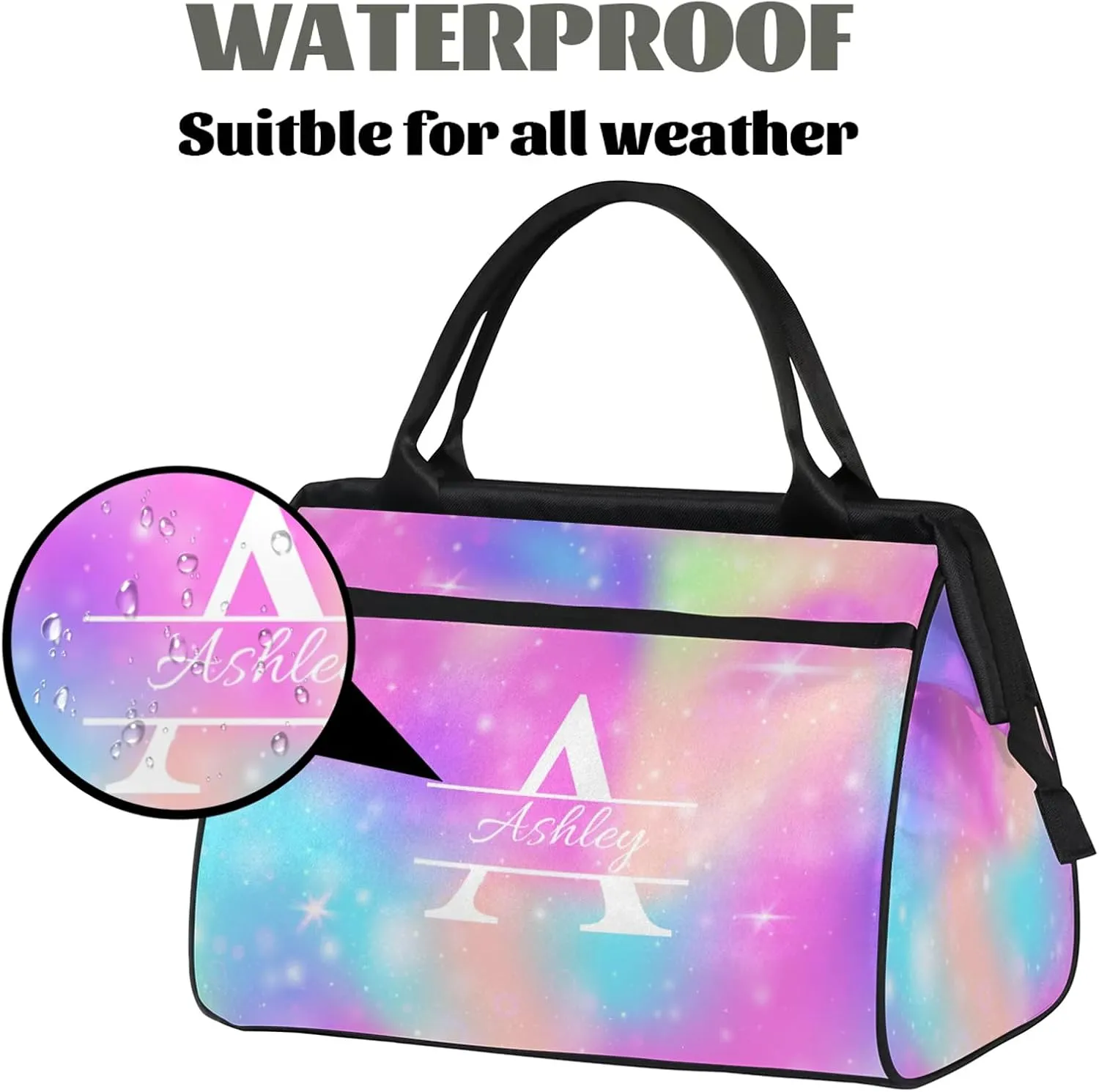 Custom Sports Duffel Bag Personalized Name Dance Gym Bag for Women Men Overnight Weekender Travel Duffel Bags Lightweight 15.2in, Rainbow Sparkly