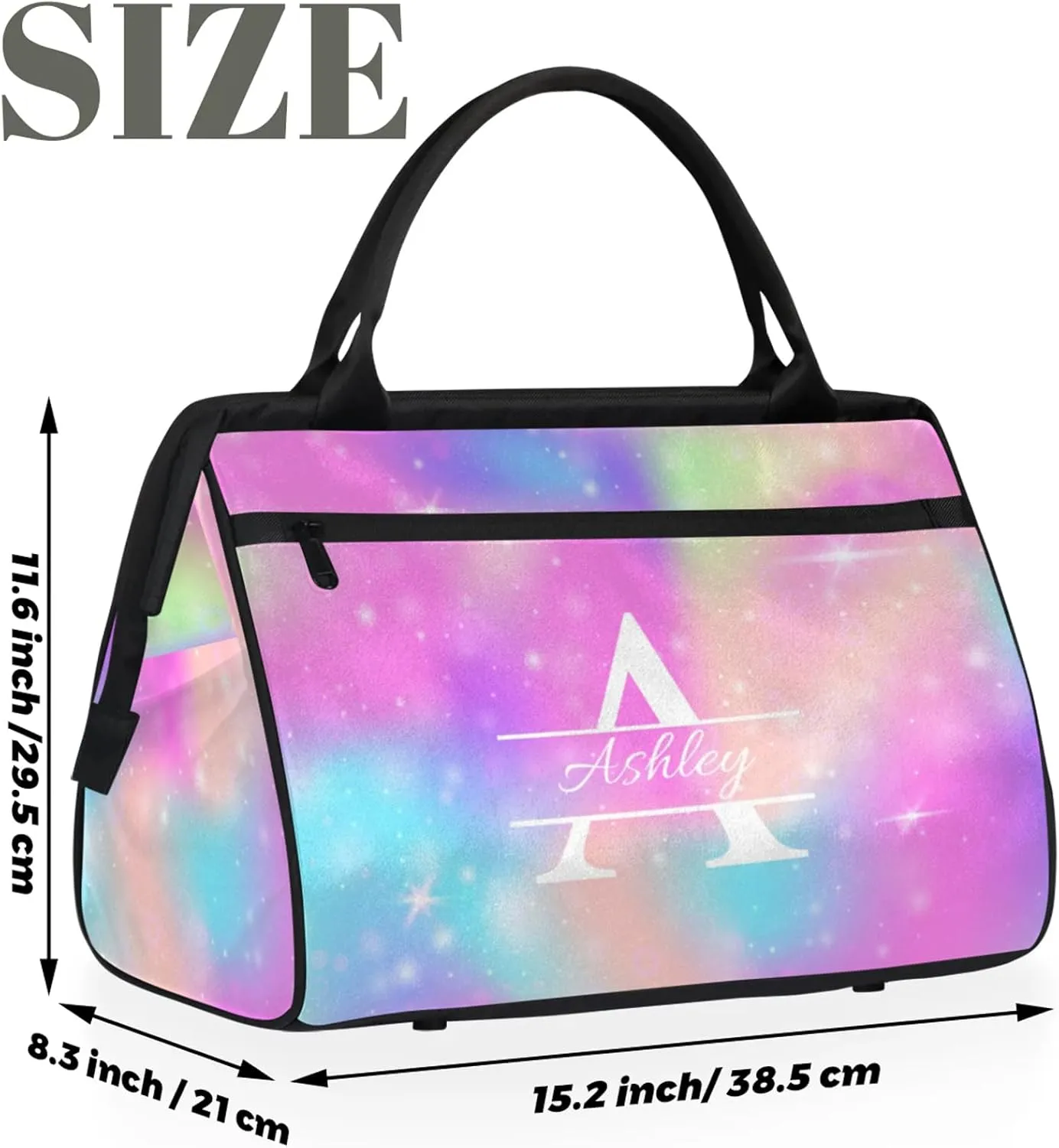 Custom Sports Duffel Bag Personalized Name Dance Gym Bag for Women Men Overnight Weekender Travel Duffel Bags Lightweight 15.2in, Rainbow Sparkly