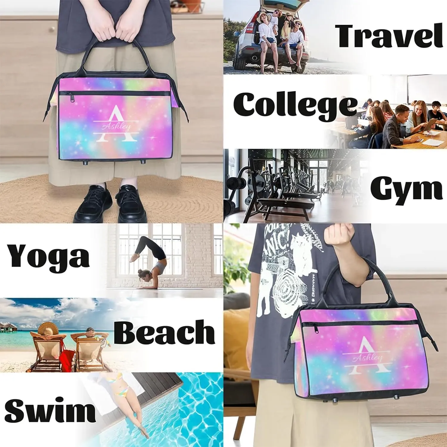 Custom Sports Duffel Bag Personalized Name Dance Gym Bag for Women Men Overnight Weekender Travel Duffel Bags Lightweight 15.2in, Rainbow Sparkly