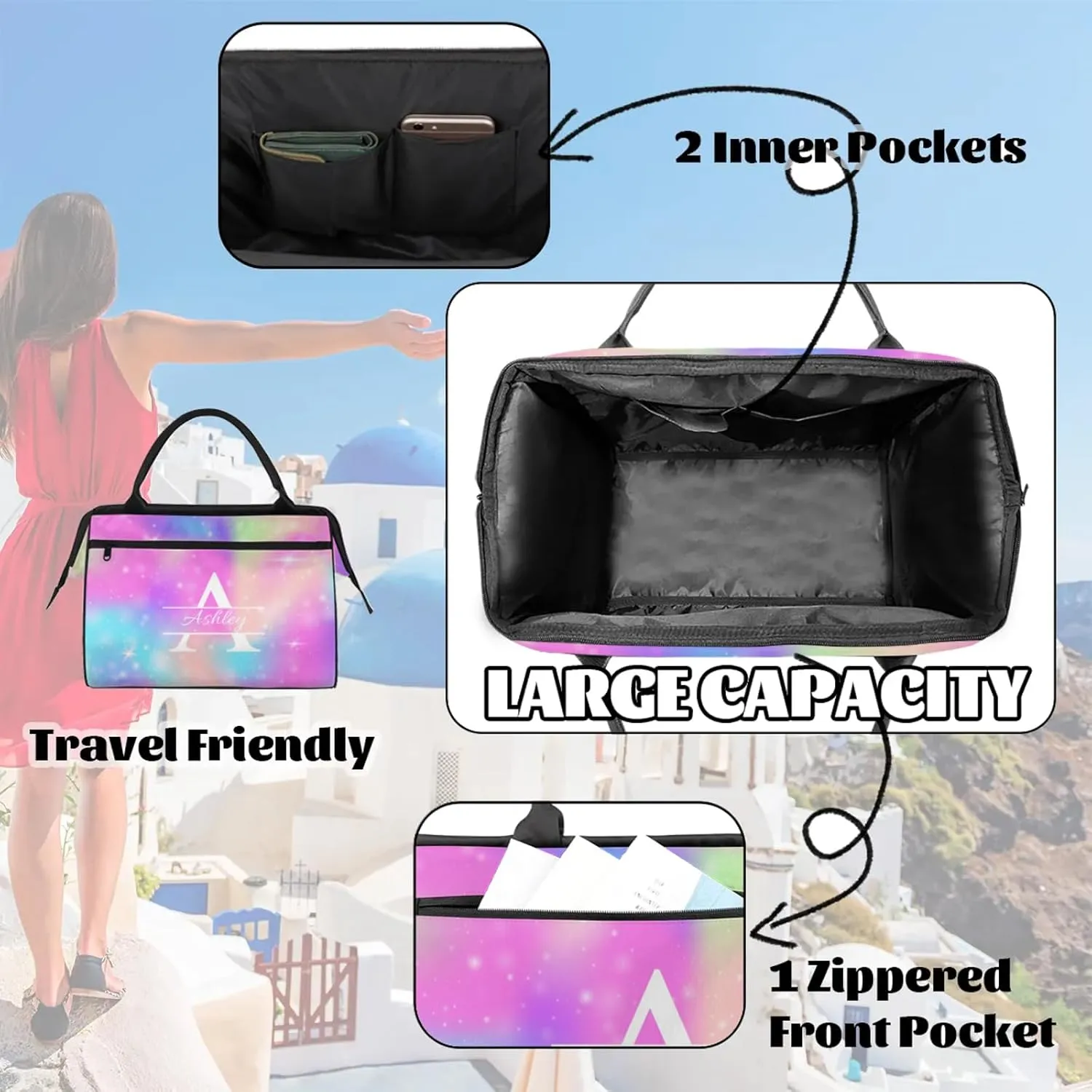 Custom Sports Duffel Bag Personalized Name Dance Gym Bag for Women Men Overnight Weekender Travel Duffel Bags Lightweight 15.2in, Rainbow Sparkly