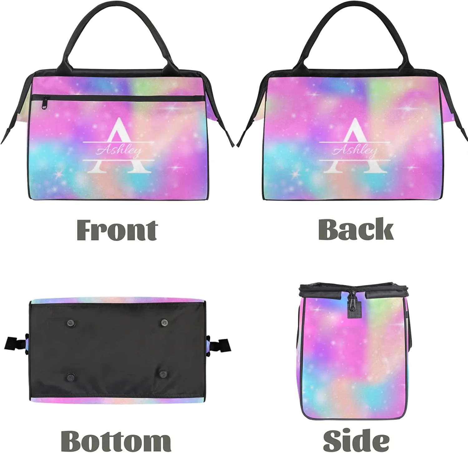Custom Sports Duffel Bag Personalized Name Dance Gym Bag for Women Men Overnight Weekender Travel Duffel Bags Lightweight 15.2in, Rainbow Sparkly
