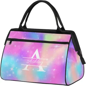 Custom Sports Duffel Bag Personalized Name Dance Gym Bag for Women Men Overnight Weekender Travel Duffel Bags Lightweight 15.2in, Rainbow Sparkly