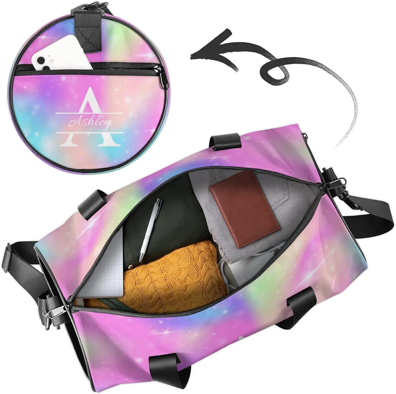Custom Sports Duffel Bag Personalized Name Dance Gym Bag for Women Men Overnight Weekender Travel Duffel Bags Lightweight 17.6in, Rainbow Sparkly