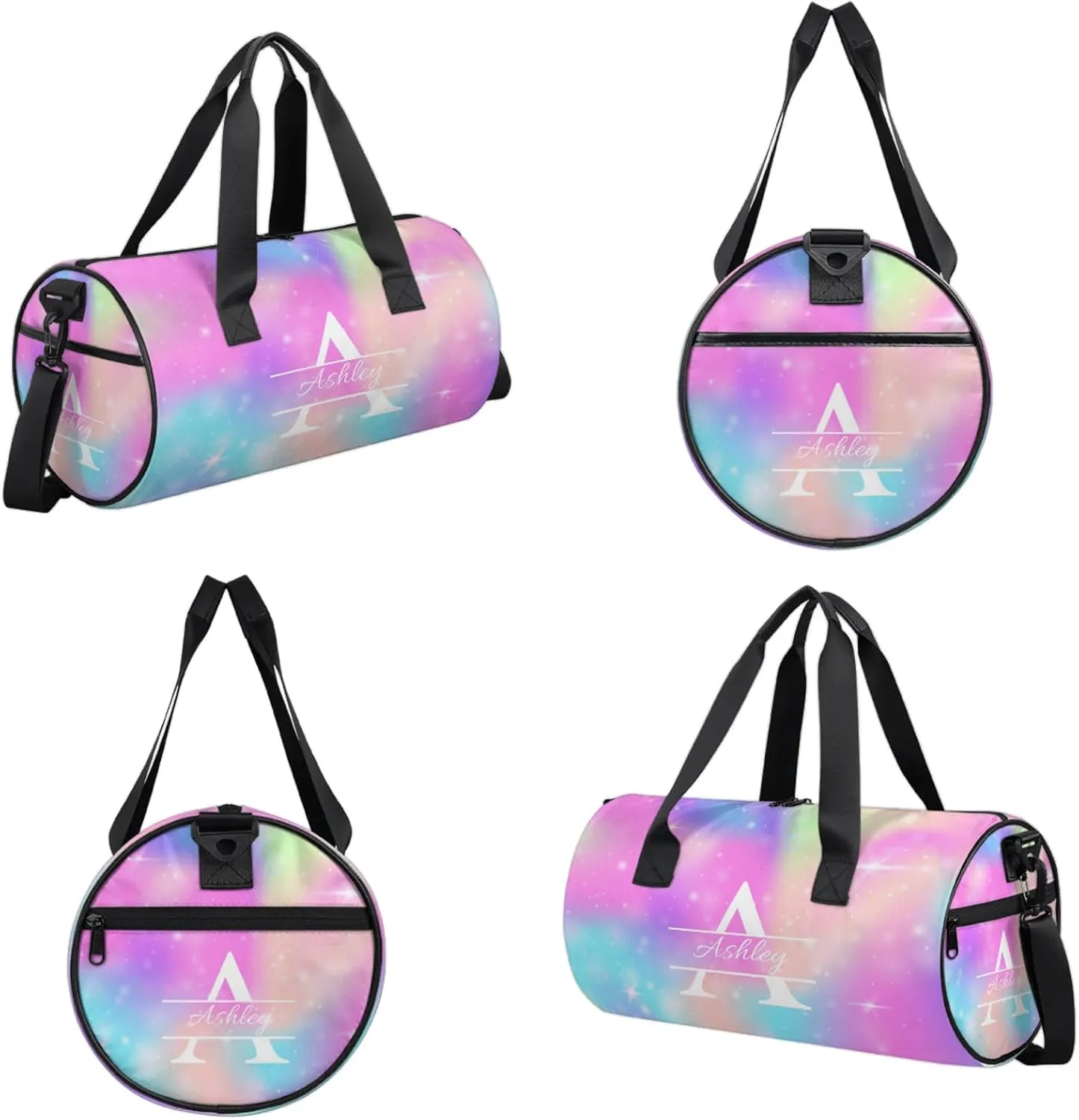 Custom Sports Duffel Bag Personalized Name Dance Gym Bag for Women Men Overnight Weekender Travel Duffel Bags Lightweight 17.6in, Rainbow Sparkly