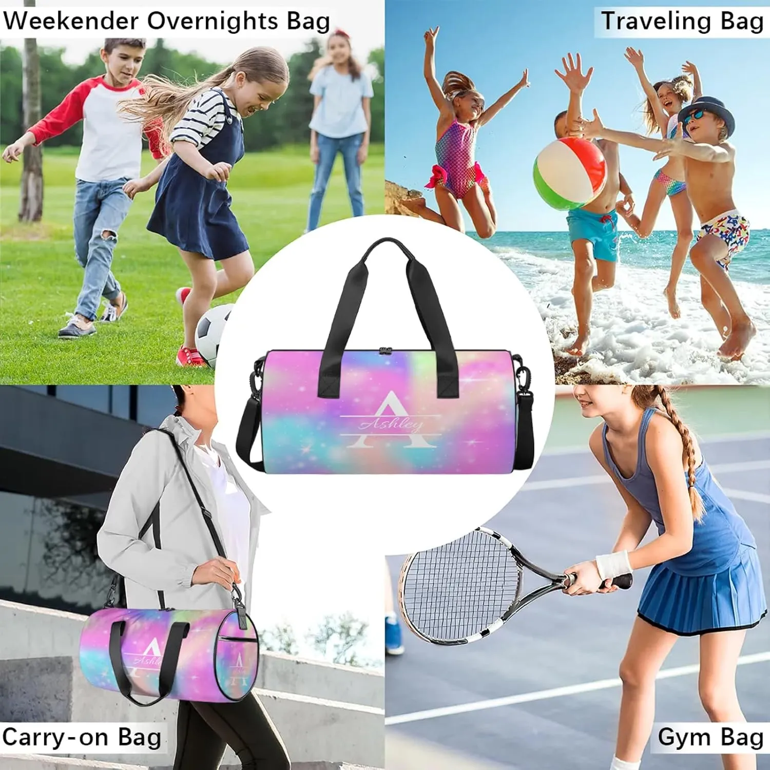 Custom Sports Duffel Bag Personalized Name Dance Gym Bag for Women Men Overnight Weekender Travel Duffel Bags Lightweight 17.6in, Rainbow Sparkly